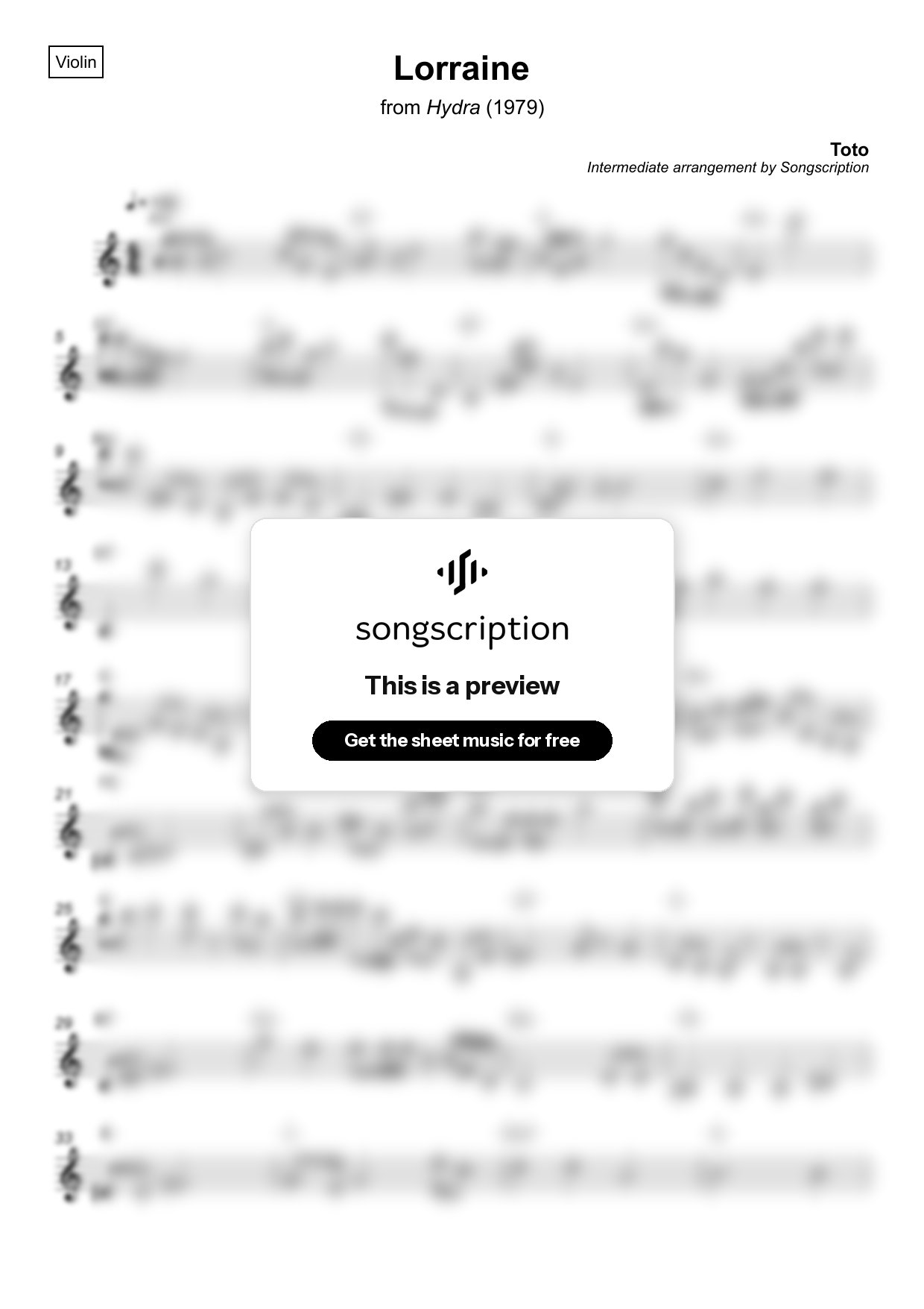 Intermediate Violin Sheet Music for "Lorraine" by Toto