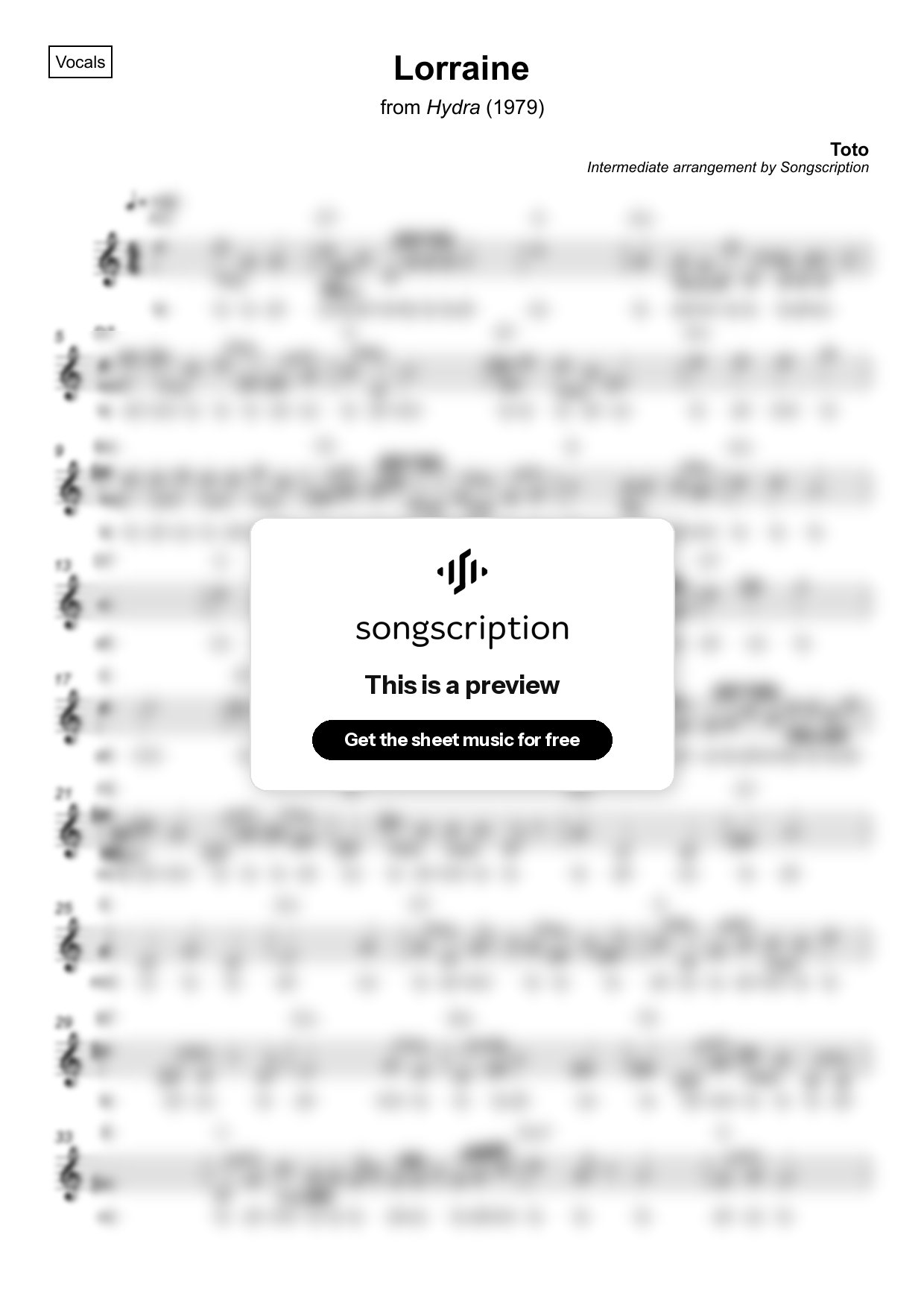 Intermediate Vocals Sheet Music for "Lorraine" by Toto