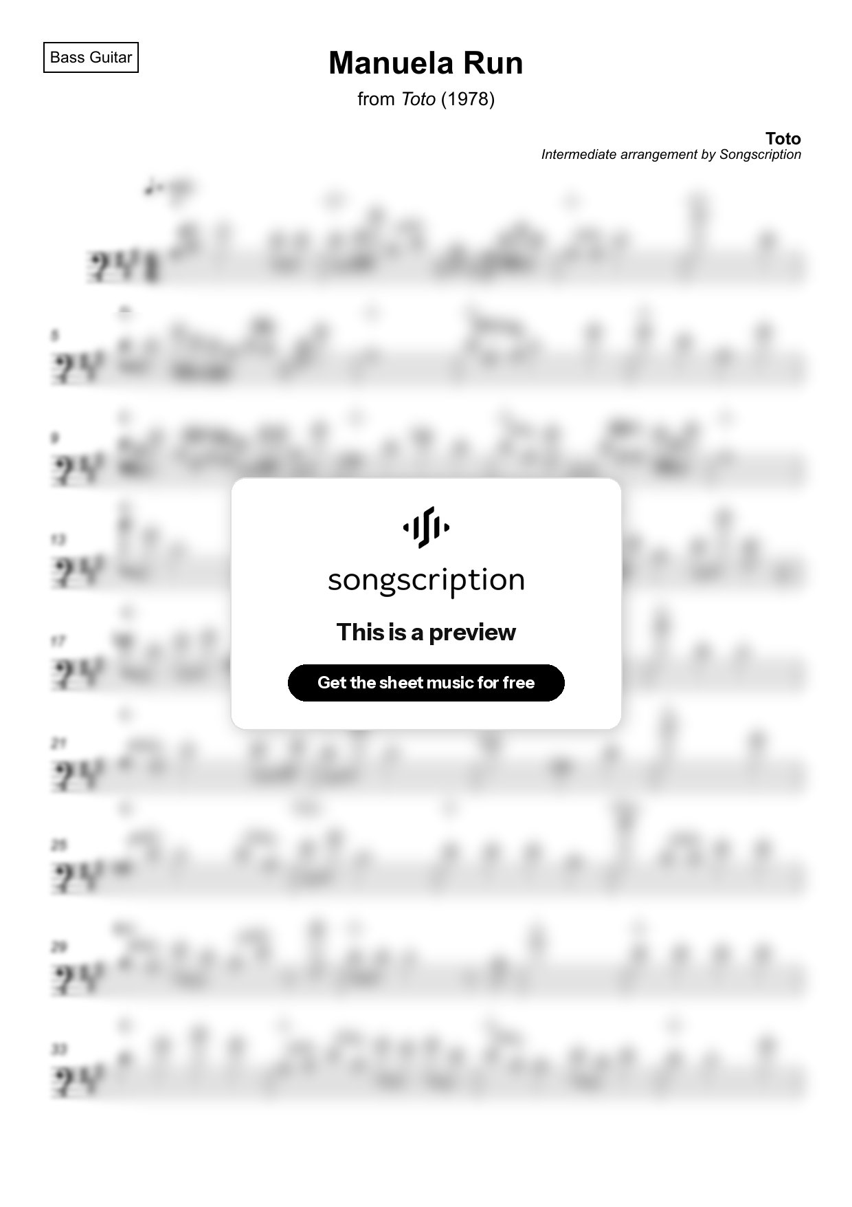 Intermediate Bass Guitar Sheet Music for "Manuela Run" by Toto