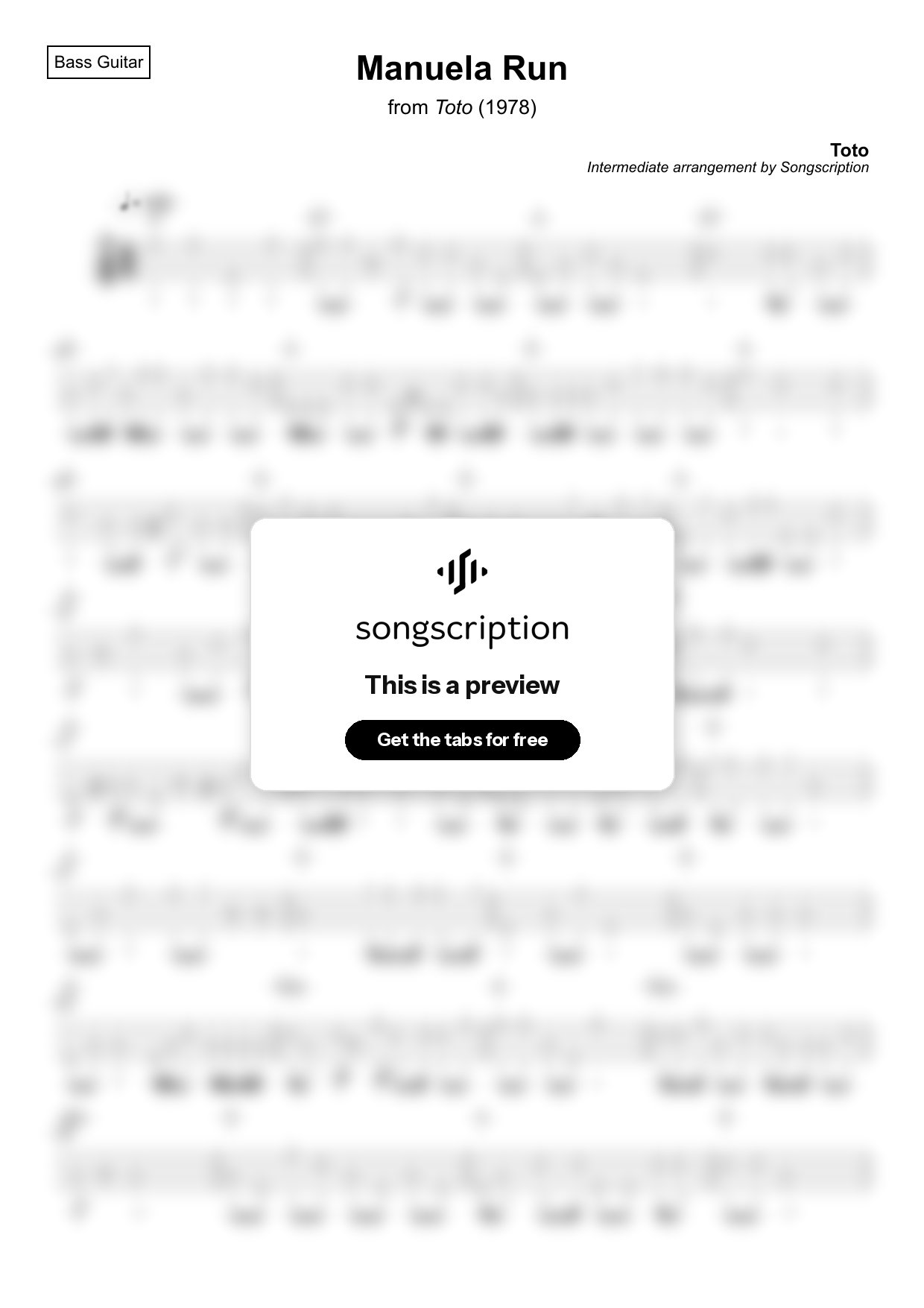 Intermediate Bass Guitar Tabs for "Manuela Run" by Toto