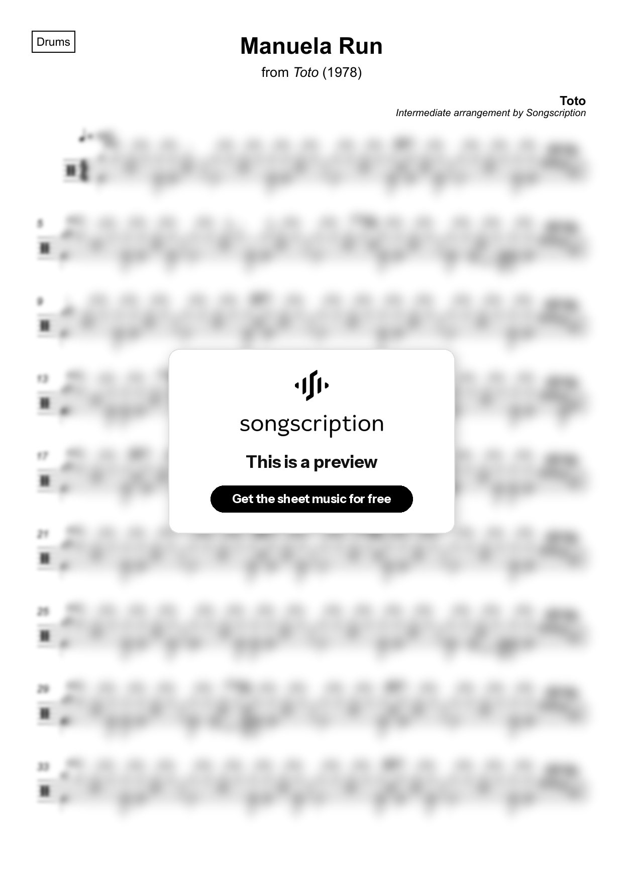Intermediate Drums Sheet Music for "Manuela Run" by Toto