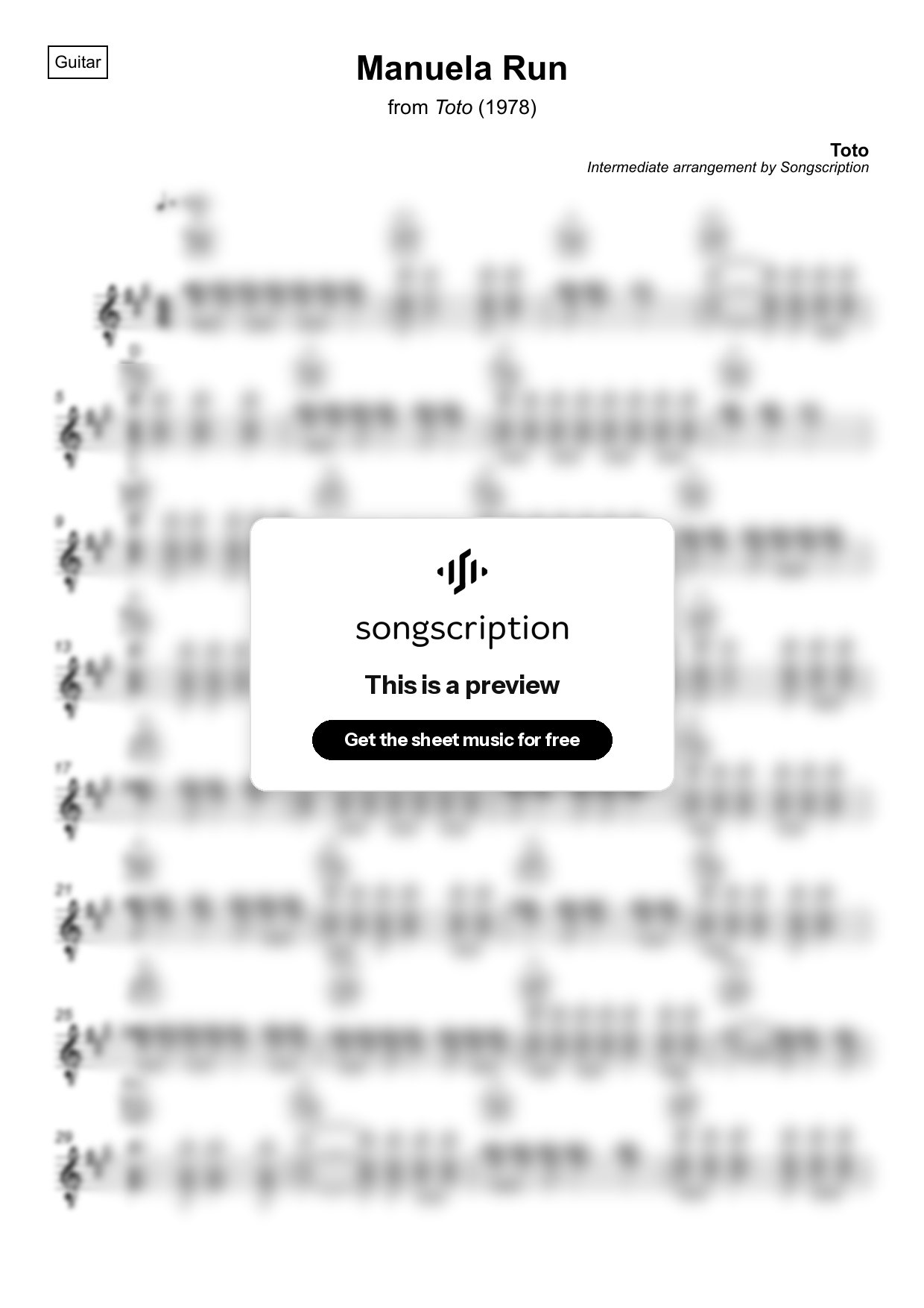 Intermediate Acoustic Guitar Sheet Music for "Manuela Run" by Toto