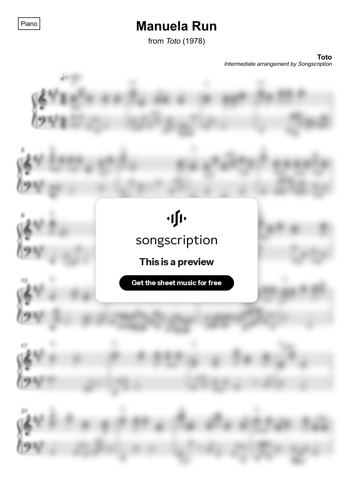 Intermediate Piano Sheet Music for "Manuela Run" by Toto