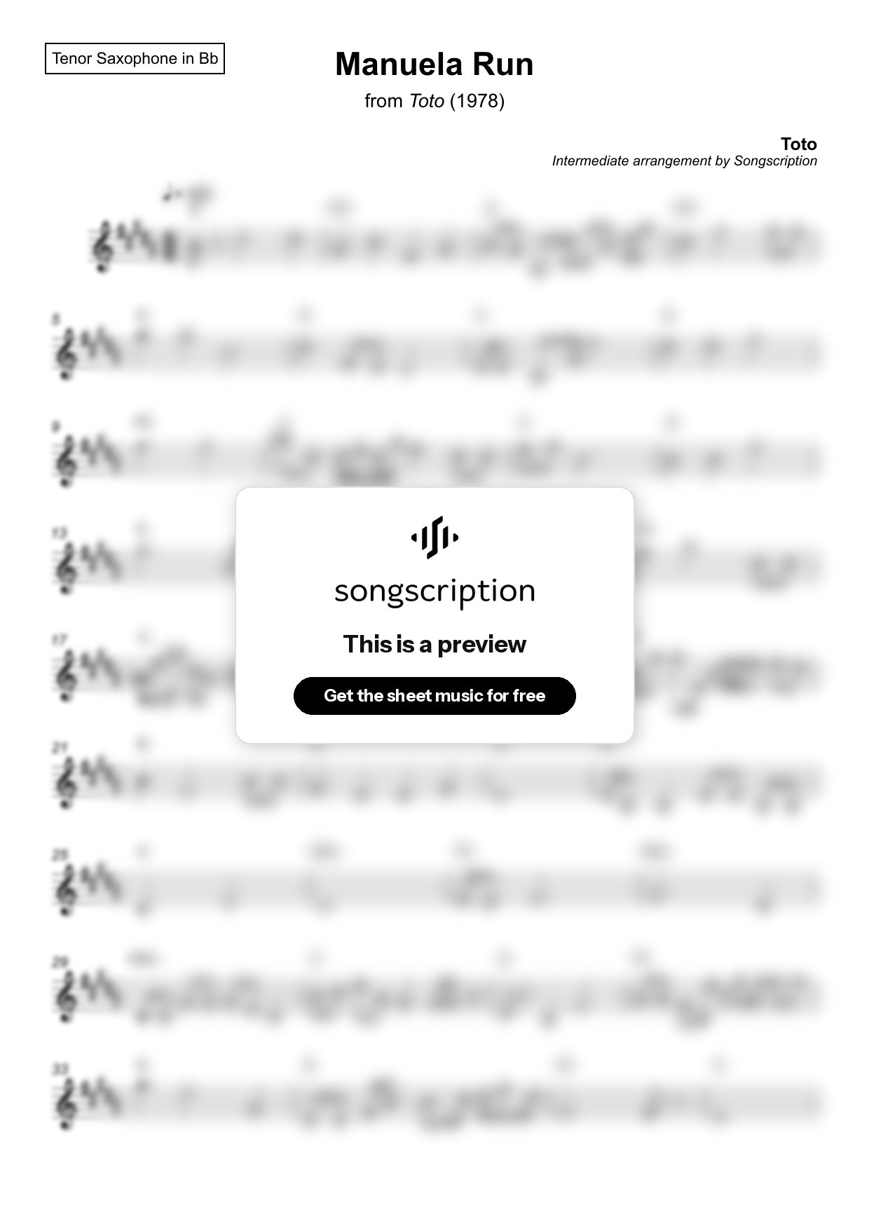 Intermediate Tenor Sax Sheet Music for "Manuela Run" by Toto