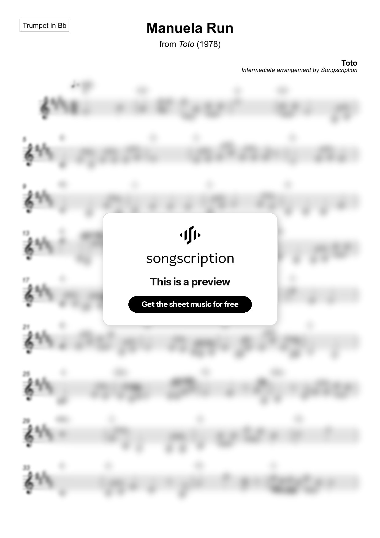 Intermediate Trumpet Sheet Music for "Manuela Run" by Toto