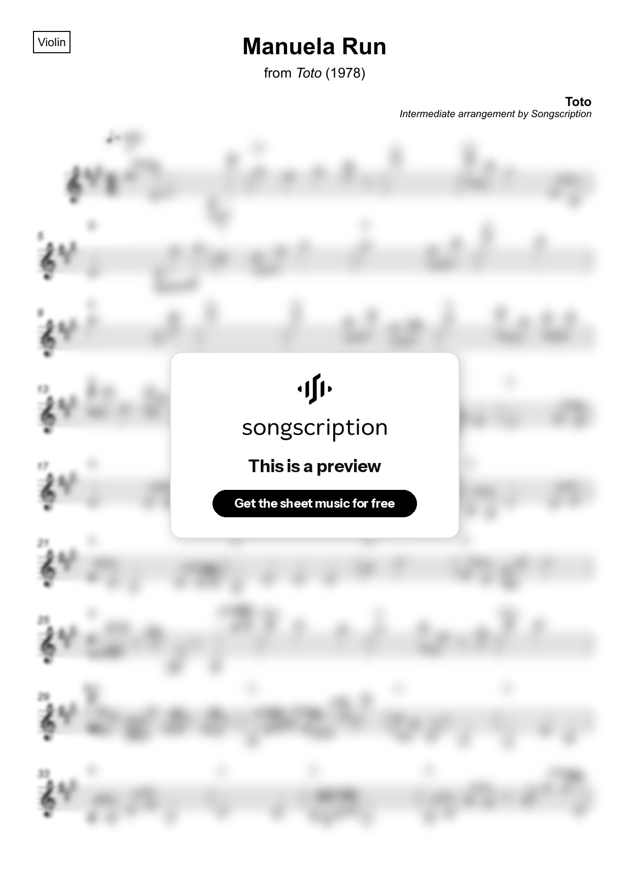 Intermediate Violin Sheet Music for "Manuela Run" by Toto