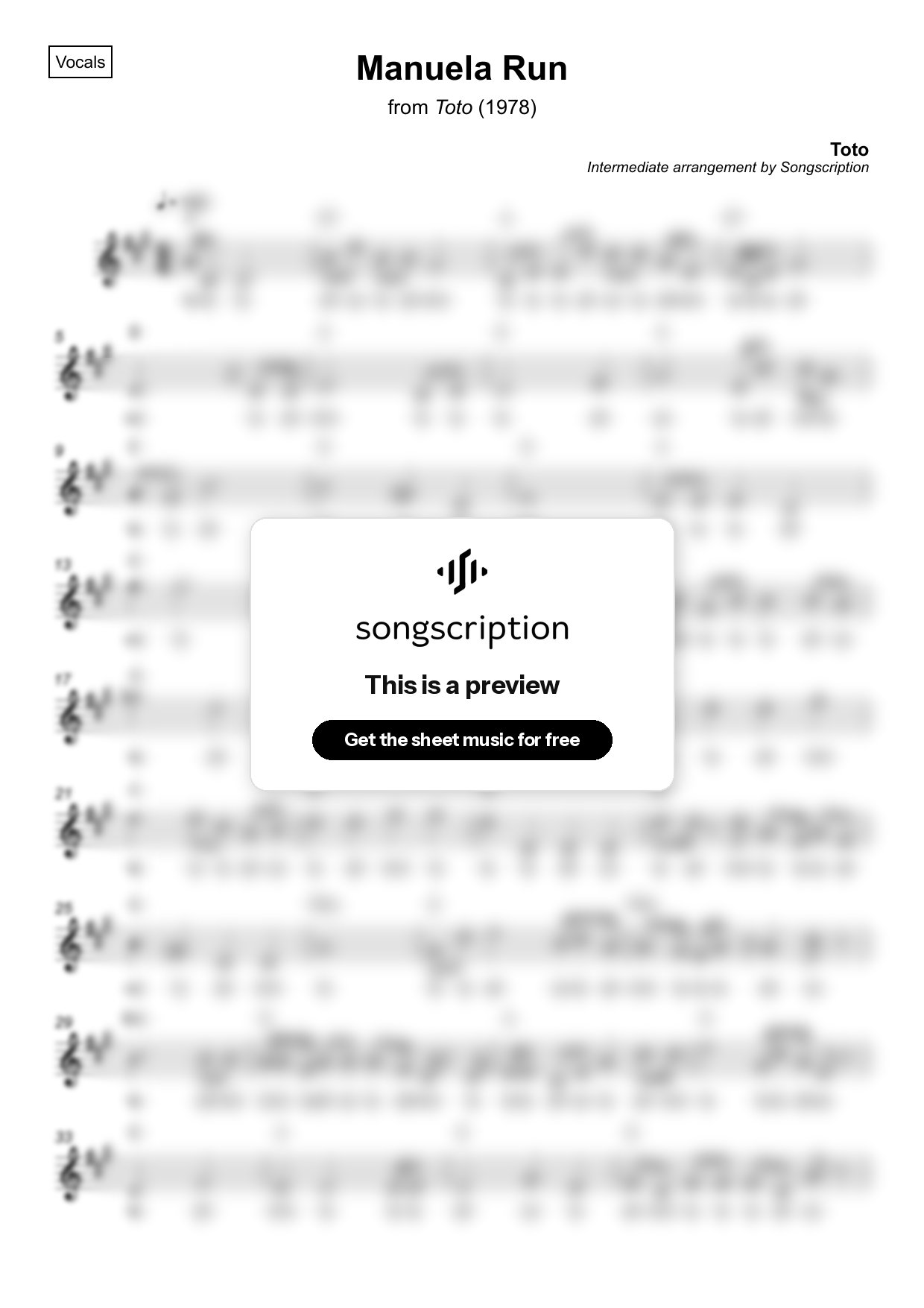 Intermediate Vocals Sheet Music for "Manuela Run" by Toto