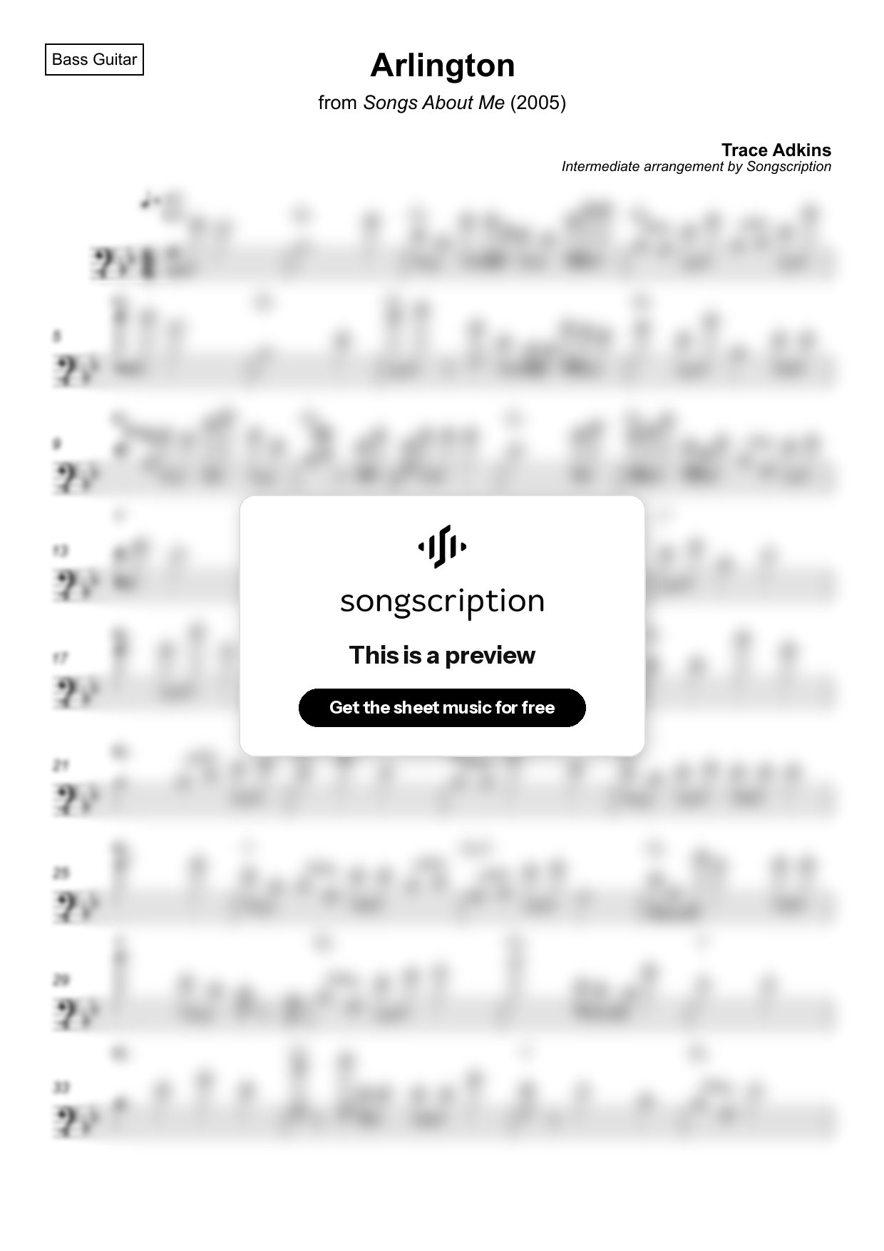 Intermediate Bass Guitar Sheet Music for "Arlington" by Trace Adkins