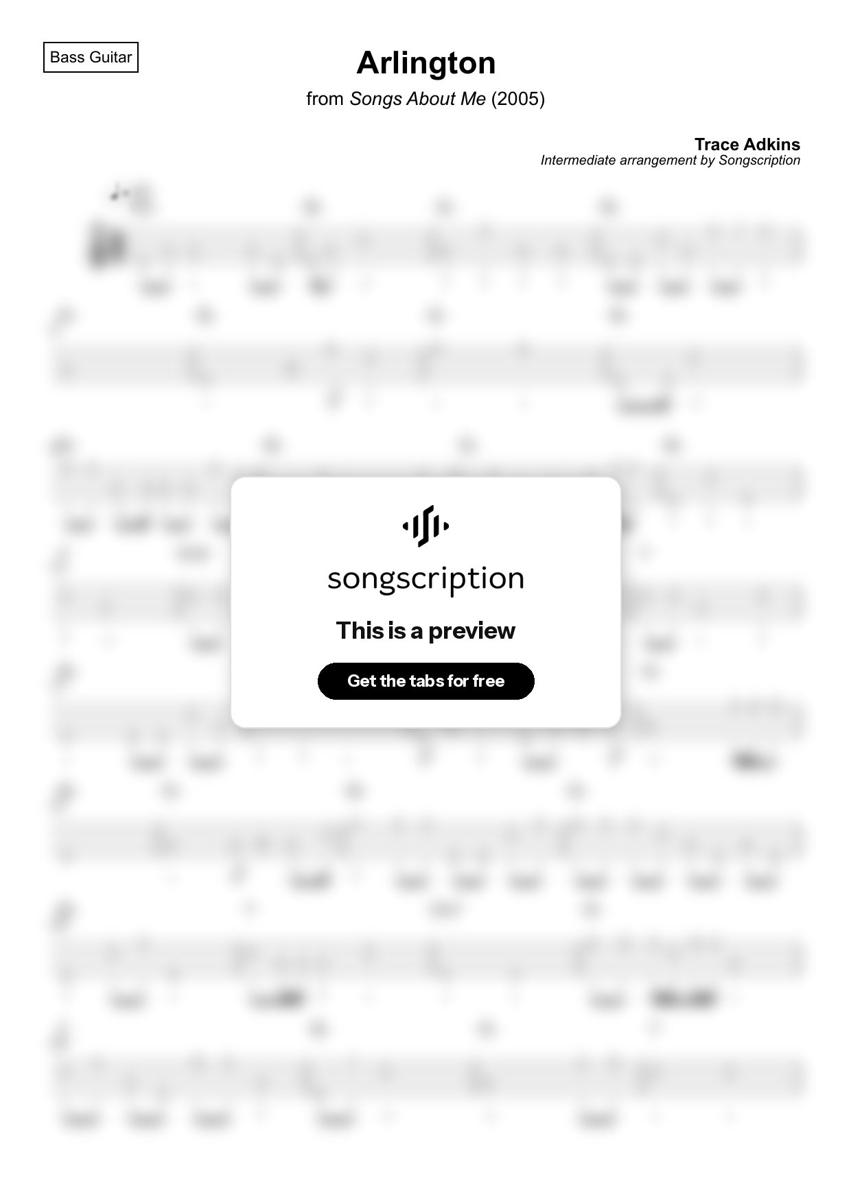 Intermediate Bass Guitar Tabs for "Arlington" by Trace Adkins