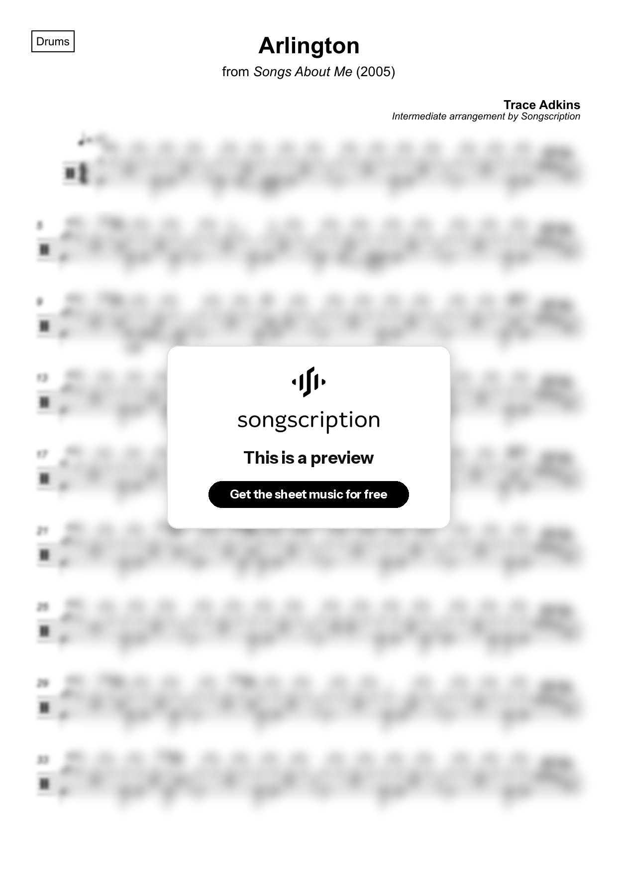 Intermediate Drums Sheet Music for "Arlington" by Trace Adkins