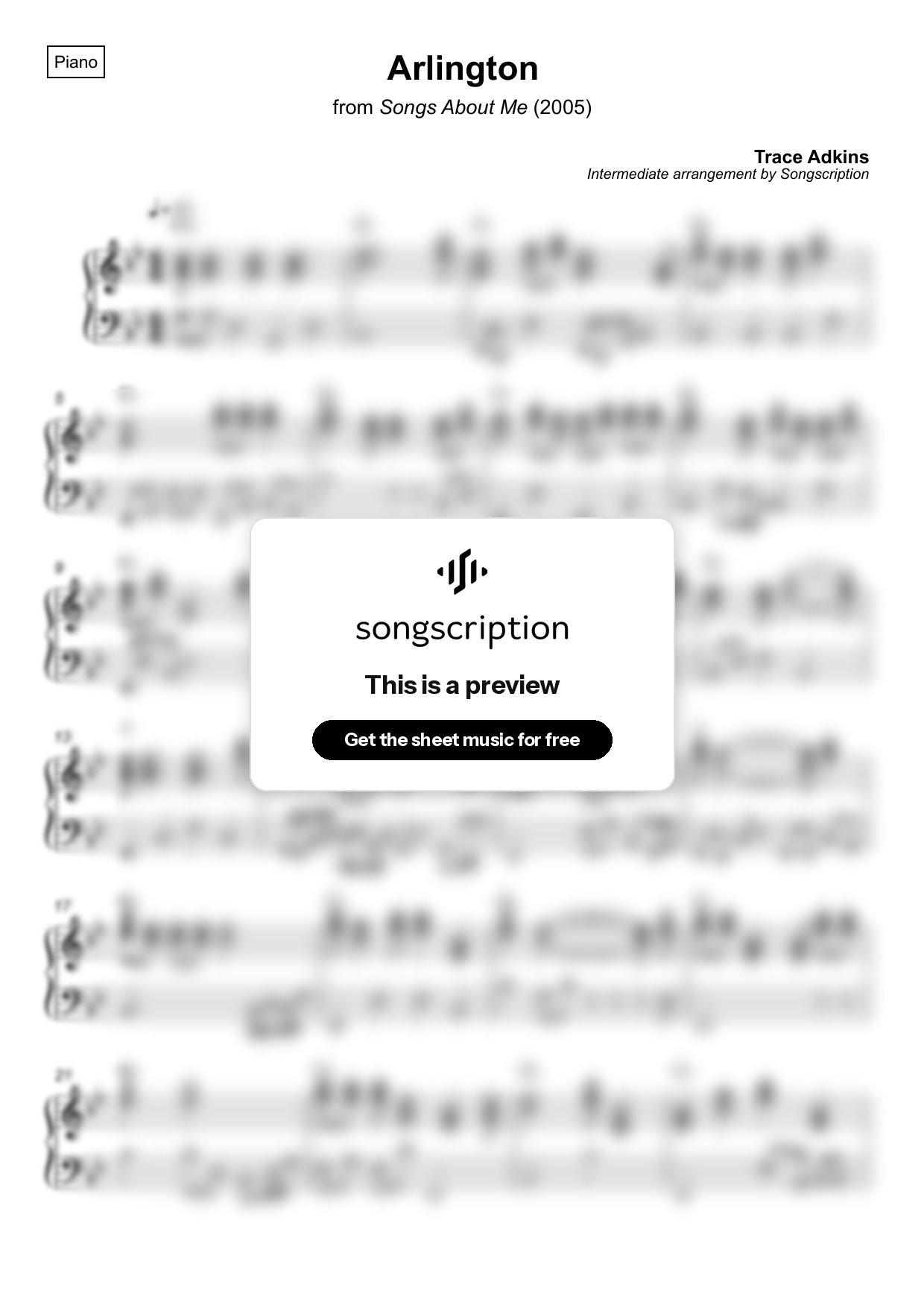 Intermediate Piano Sheet Music for "Arlington" by Trace Adkins