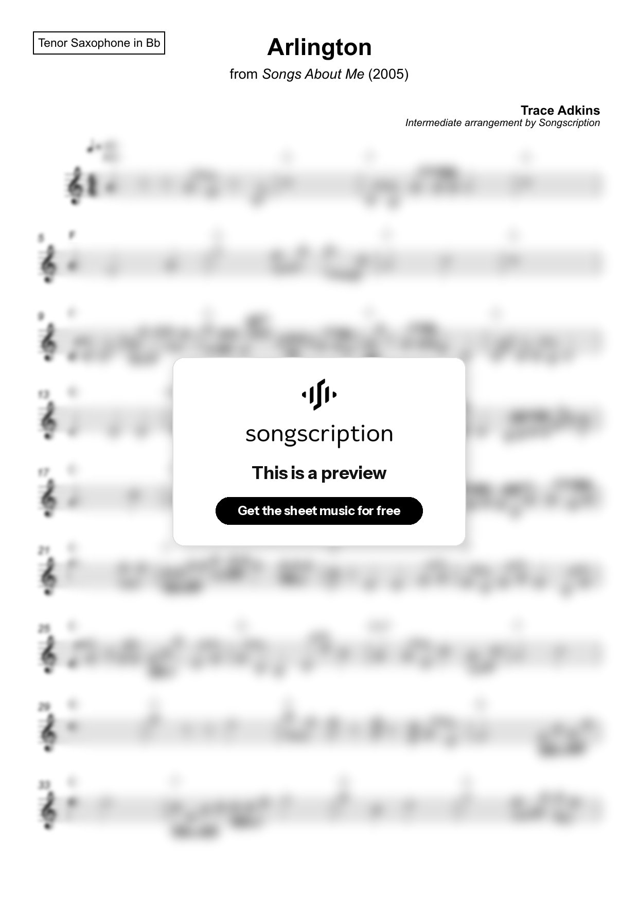 Intermediate Tenor Sax Sheet Music for "Arlington" by Trace Adkins
