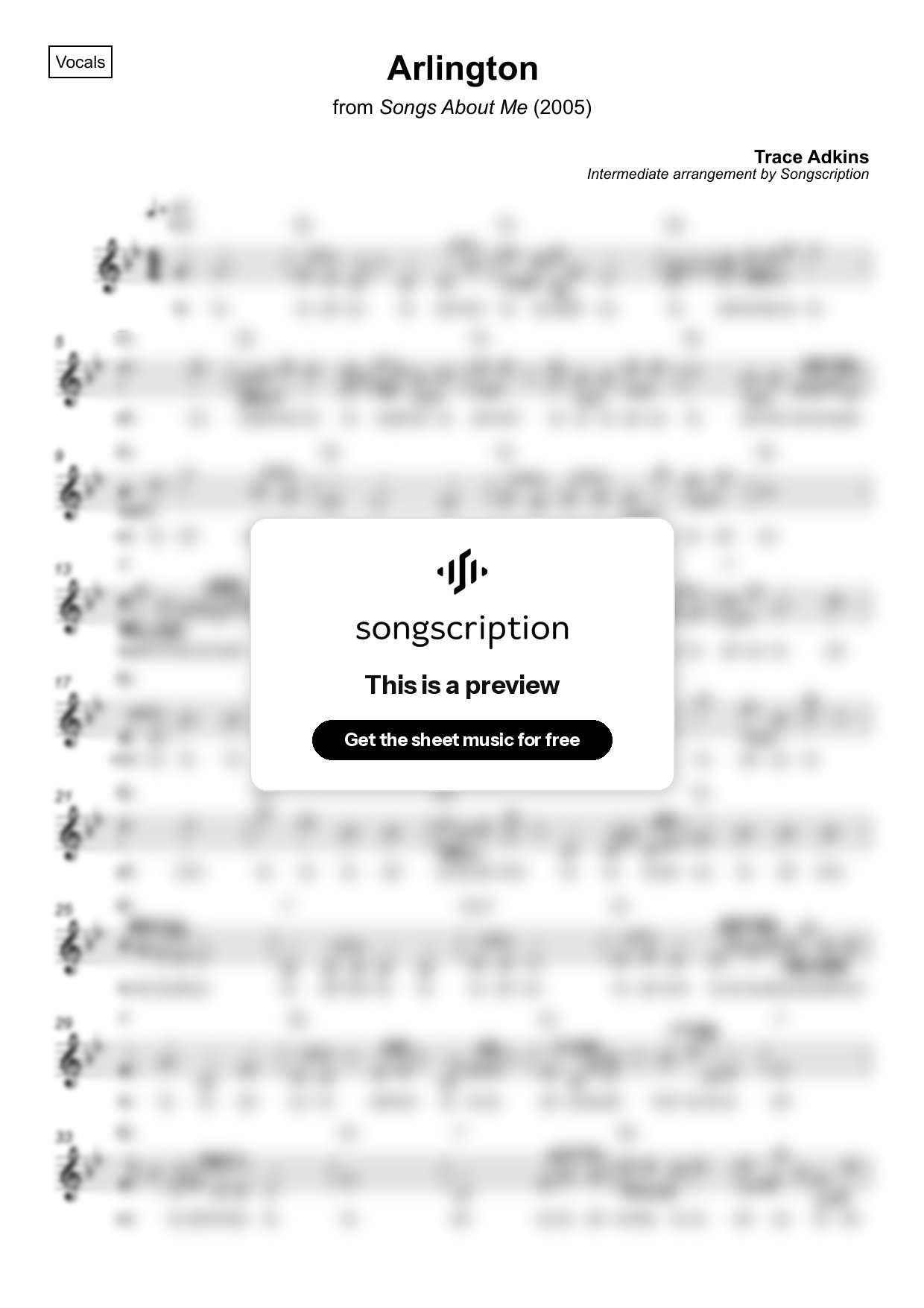 Intermediate Vocals Sheet Music for "Arlington" by Trace Adkins