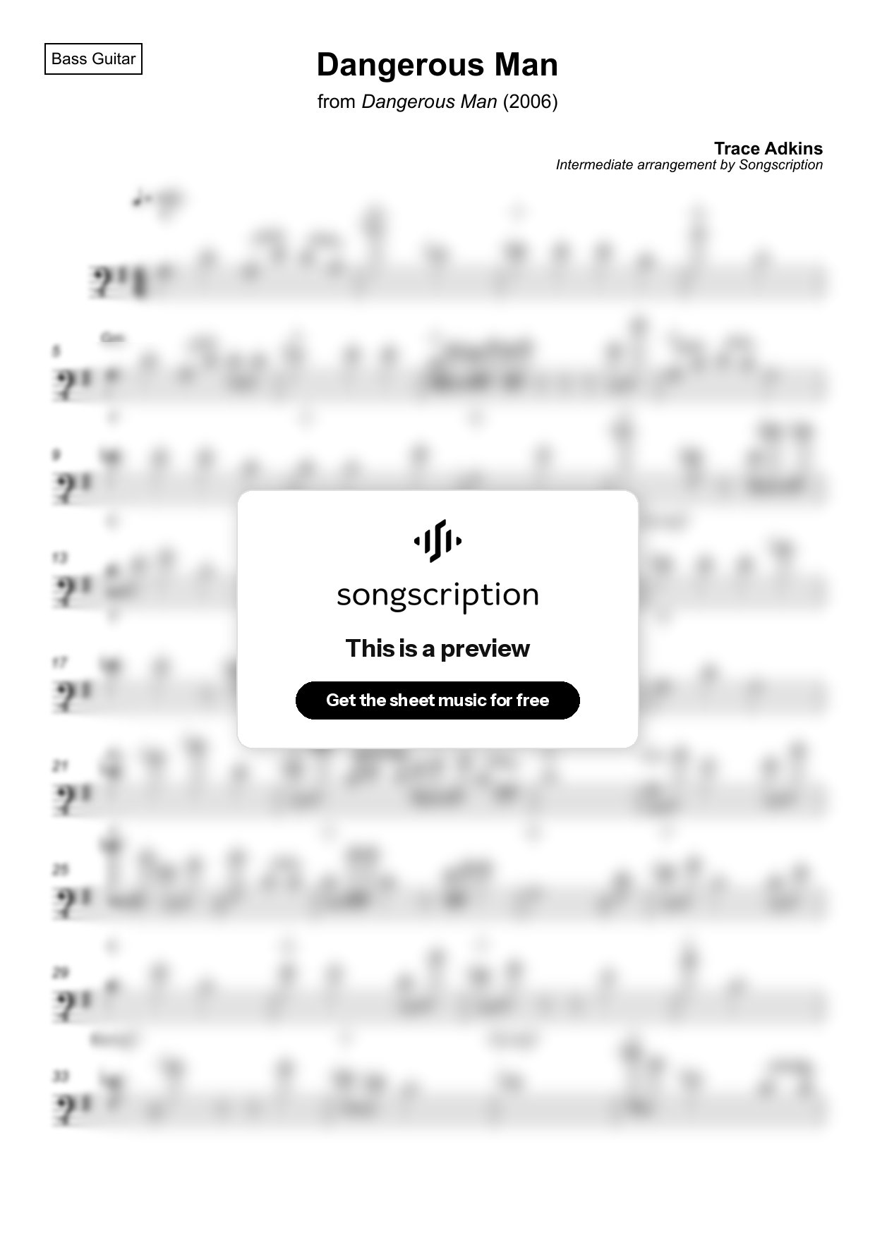 Intermediate Bass Guitar Sheet Music for "Dangerous Man" by Trace Adkins