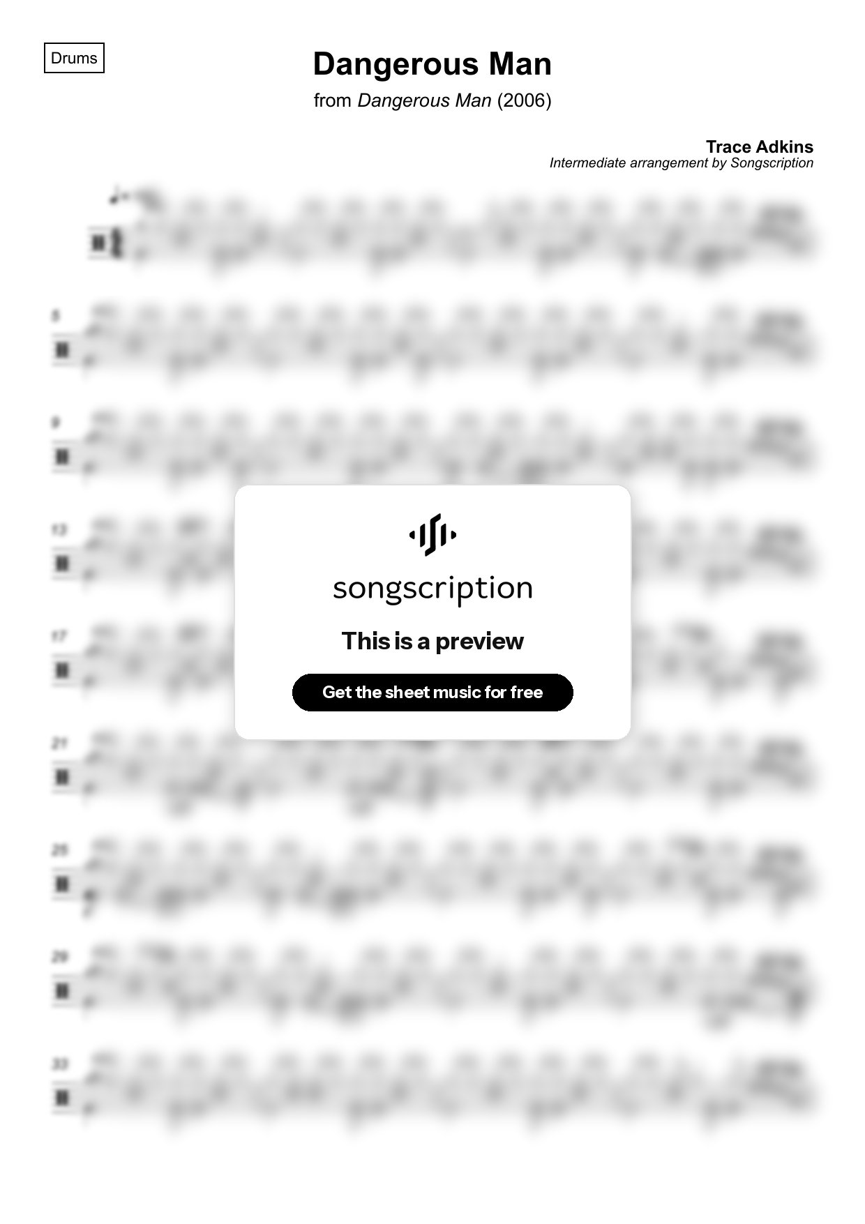 Intermediate Drums Sheet Music for "Dangerous Man" by Trace Adkins