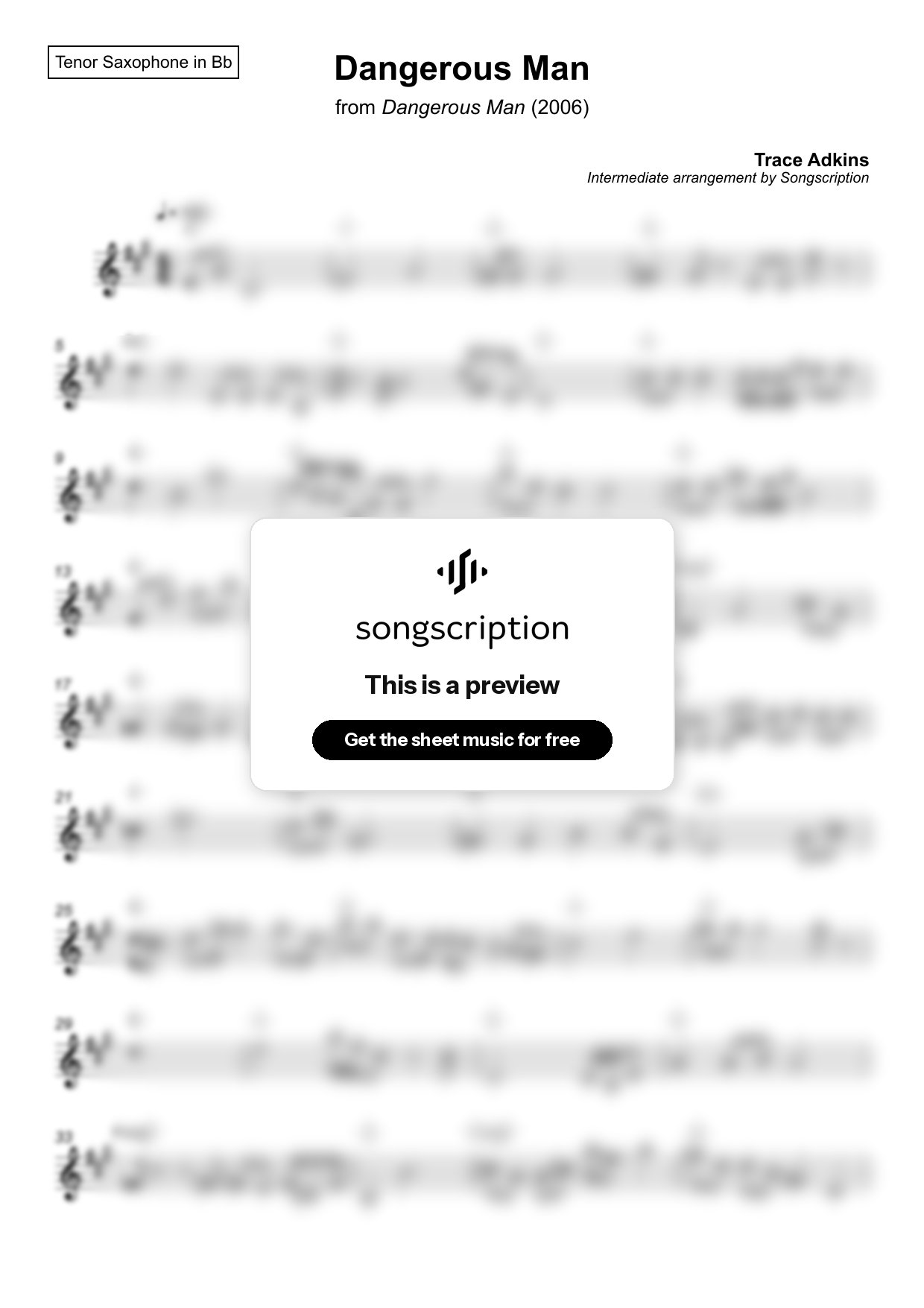 Intermediate Tenor Sax Sheet Music for "Dangerous Man" by Trace Adkins