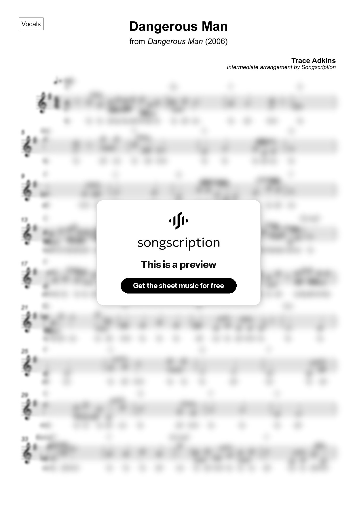 Intermediate Vocals Sheet Music for "Dangerous Man" by Trace Adkins