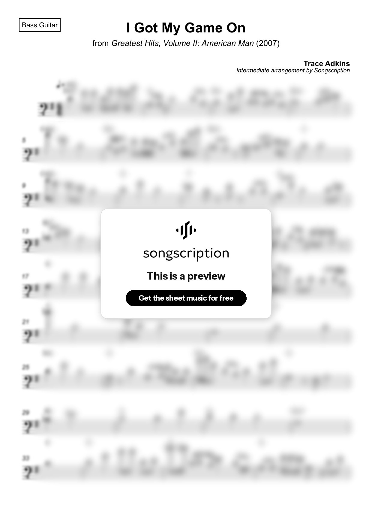 Intermediate Bass Guitar Sheet Music for "I Got My Game On" by Trace Adkins