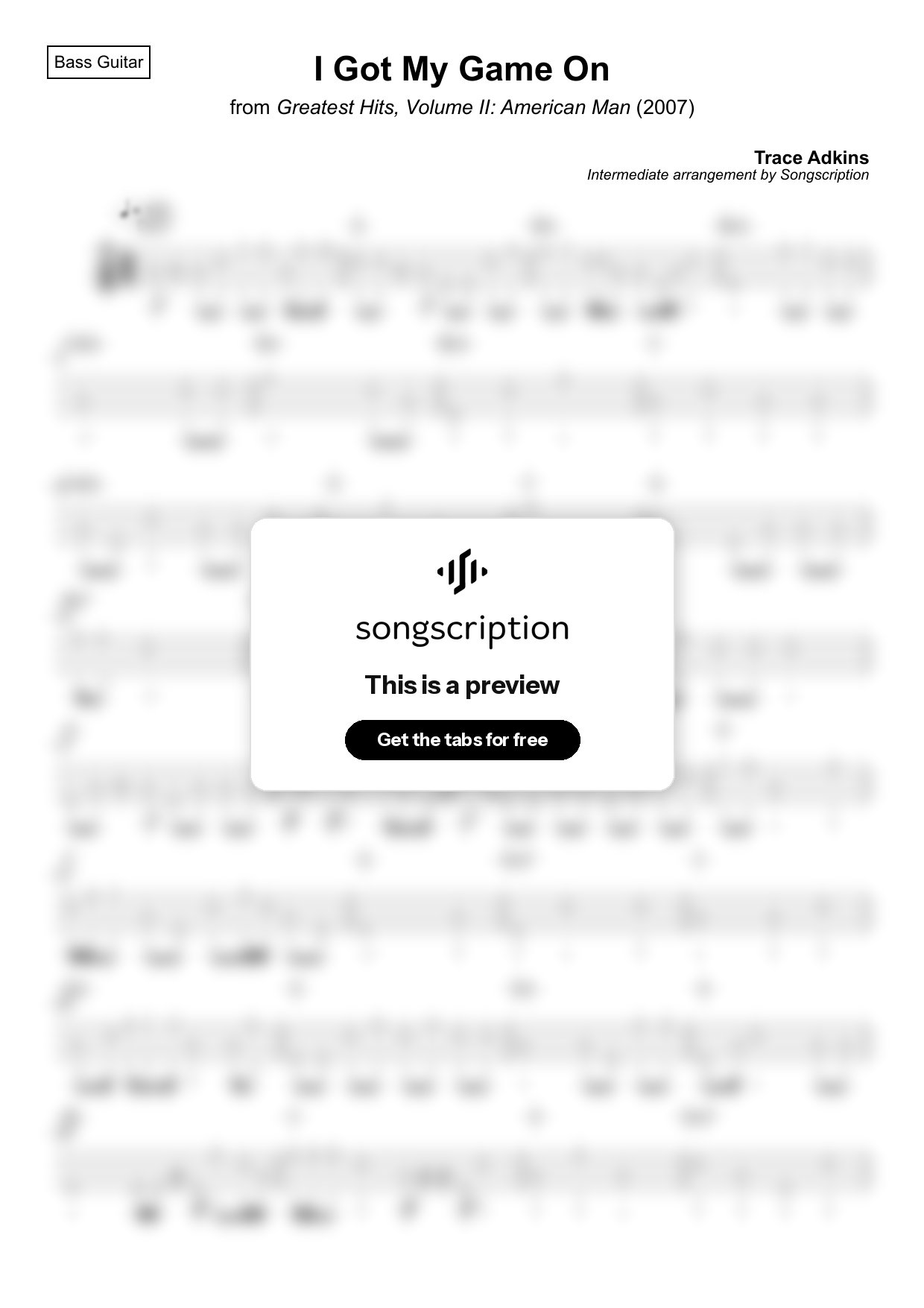 Intermediate Bass Guitar Tabs for "I Got My Game On" by Trace Adkins