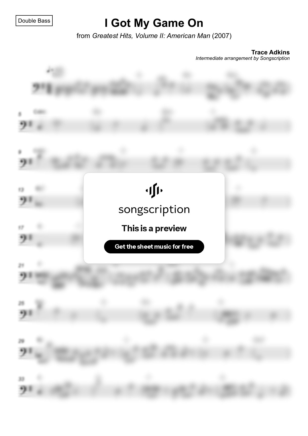 Intermediate Double Bass Sheet Music for "I Got My Game On" by Trace Adkins