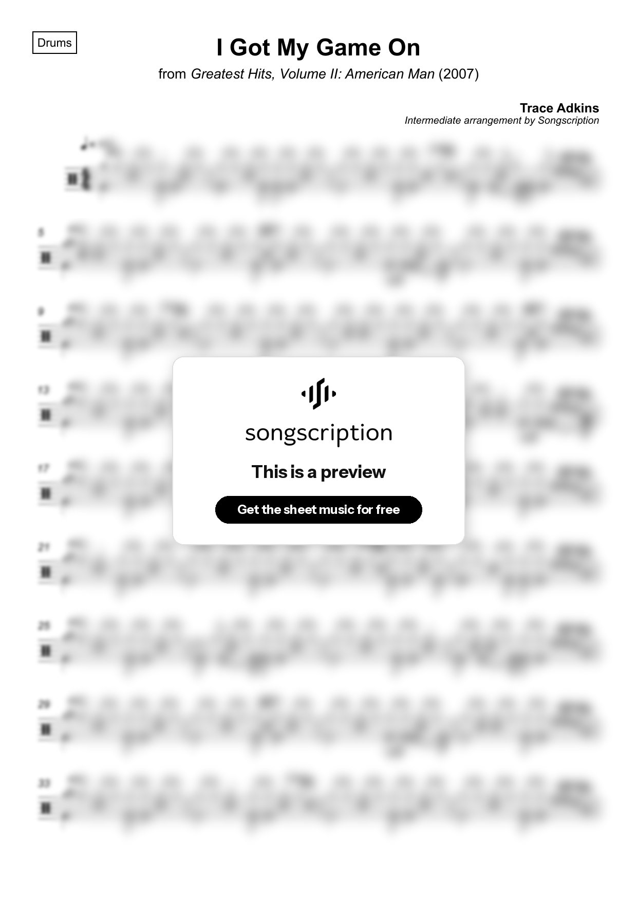 Intermediate Drums Sheet Music for "I Got My Game On" by Trace Adkins