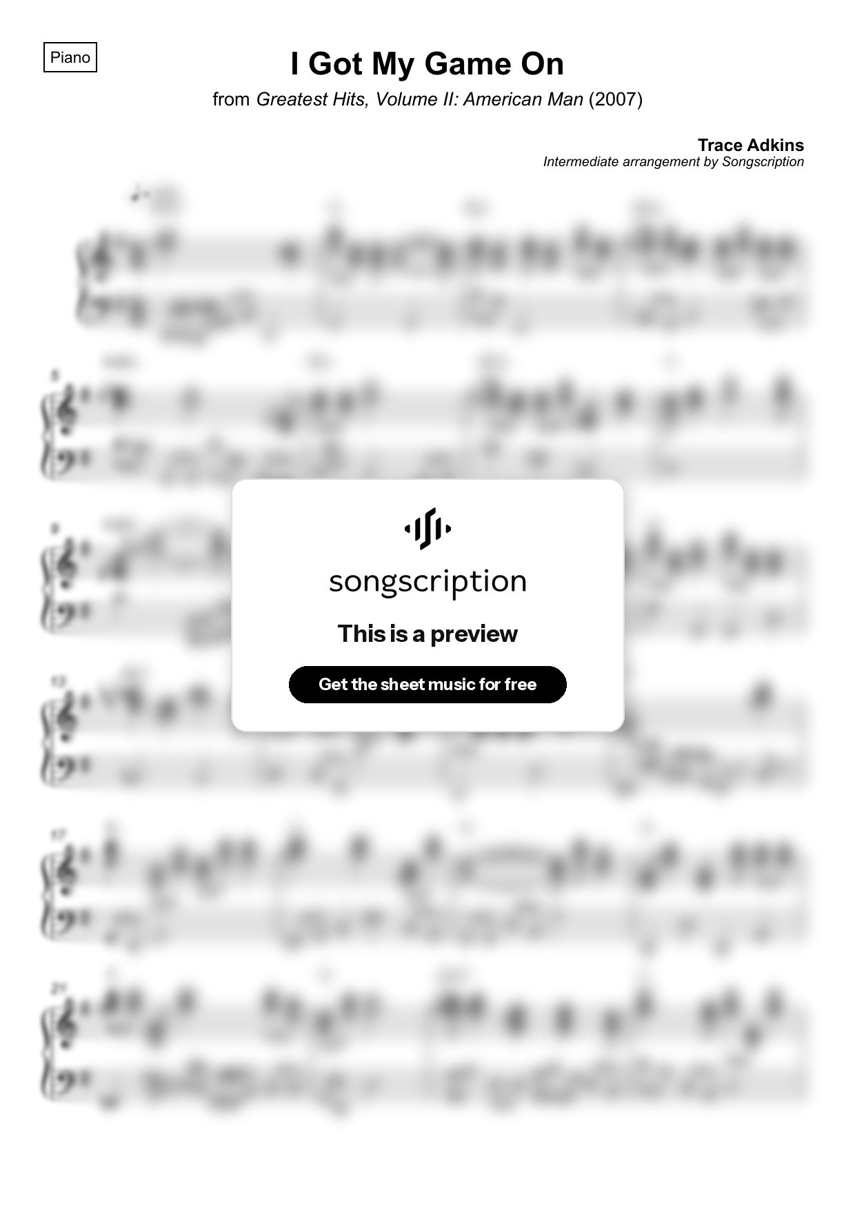 Intermediate Piano Sheet Music for "I Got My Game On" by Trace Adkins