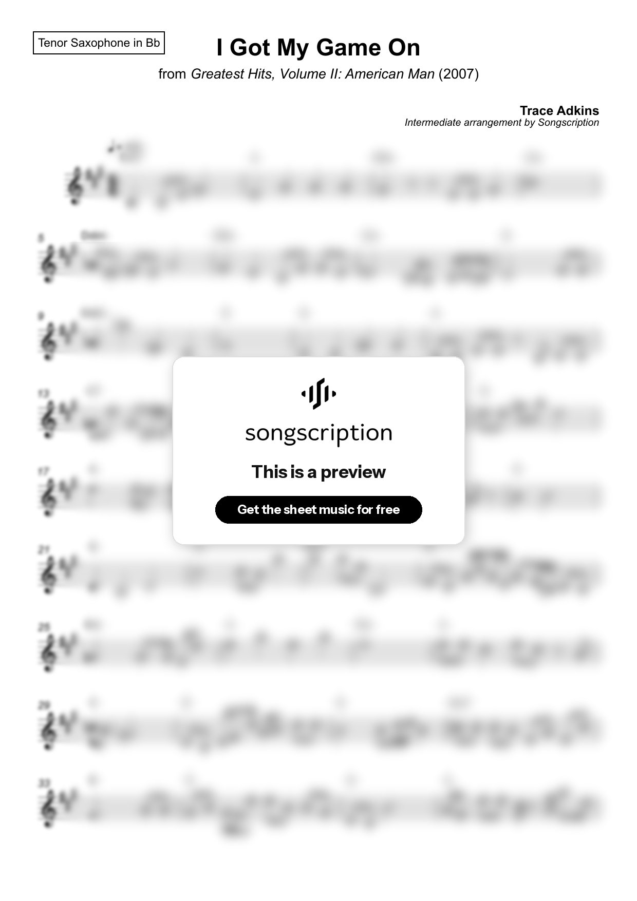 Intermediate Tenor Sax Sheet Music for "I Got My Game On" by Trace Adkins
