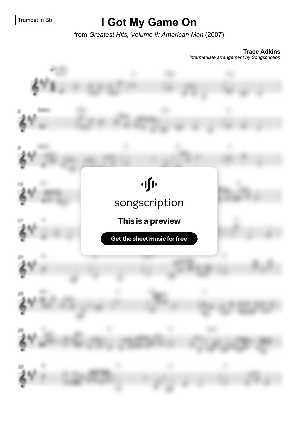 Intermediate Trumpet Sheet Music for "I Got My Game On" by Trace Adkins