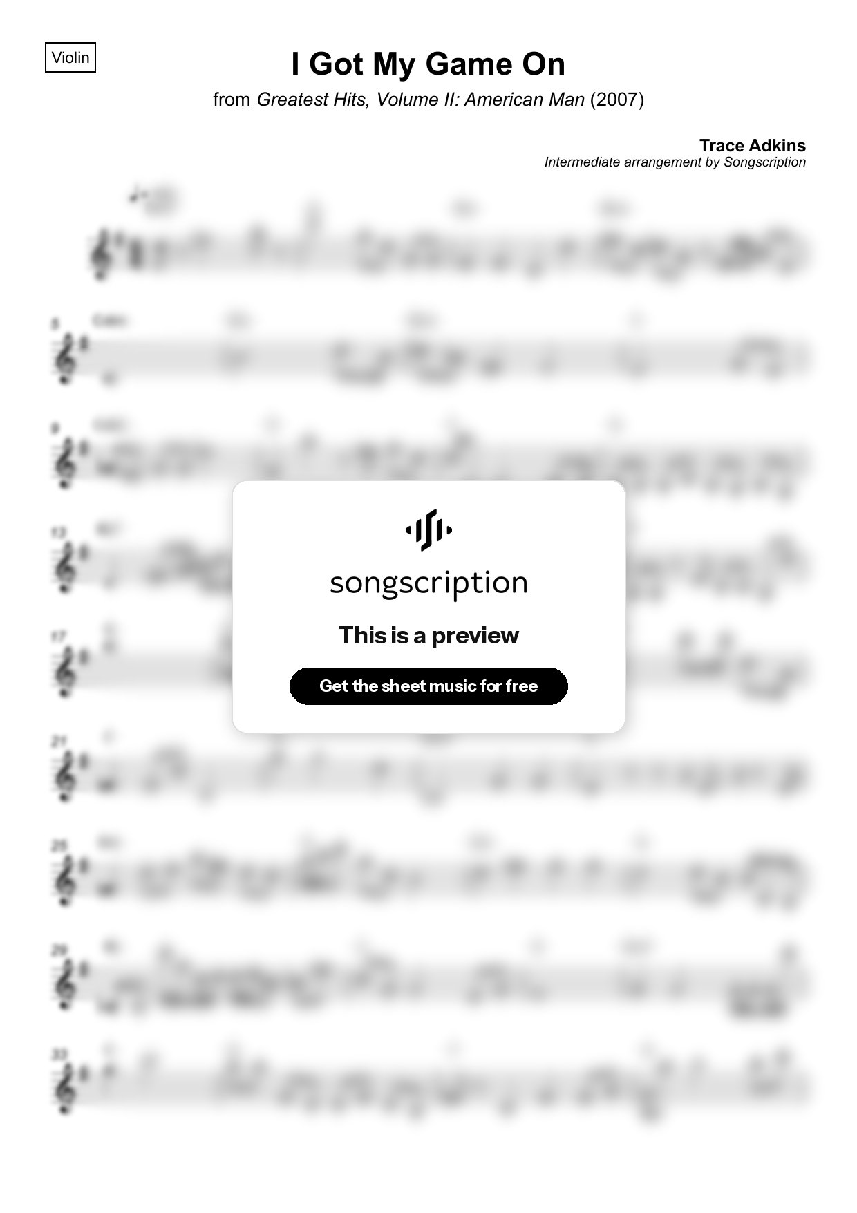 Intermediate Violin Sheet Music for "I Got My Game On" by Trace Adkins