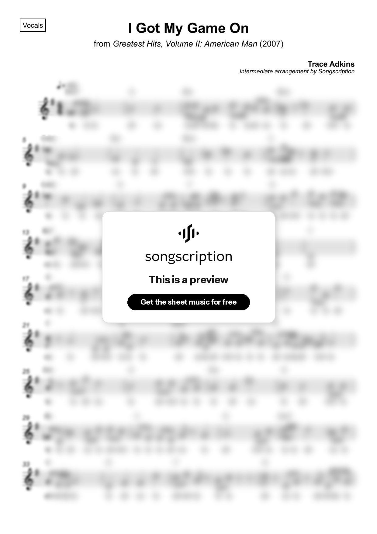 Intermediate Vocals Sheet Music for "I Got My Game On" by Trace Adkins