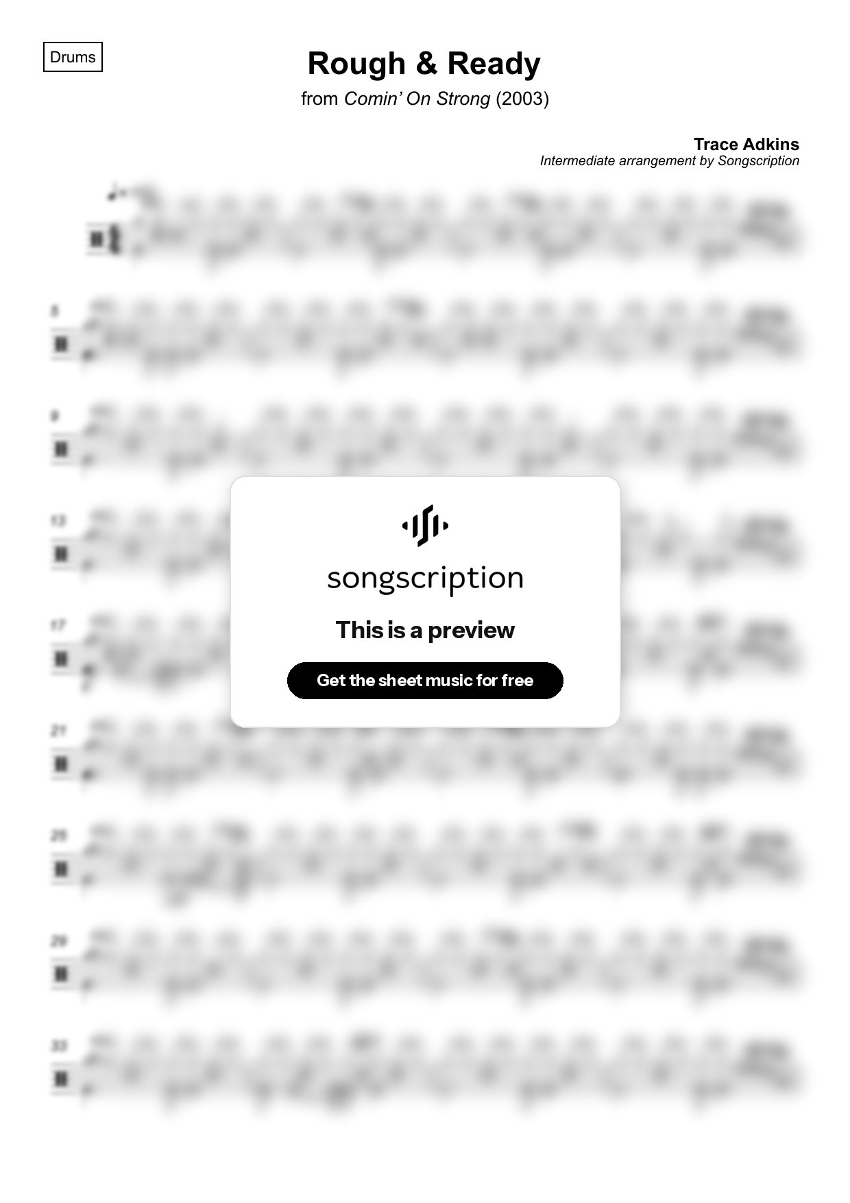 Intermediate Drums Sheet Music for "Rough & Ready" by Trace Adkins