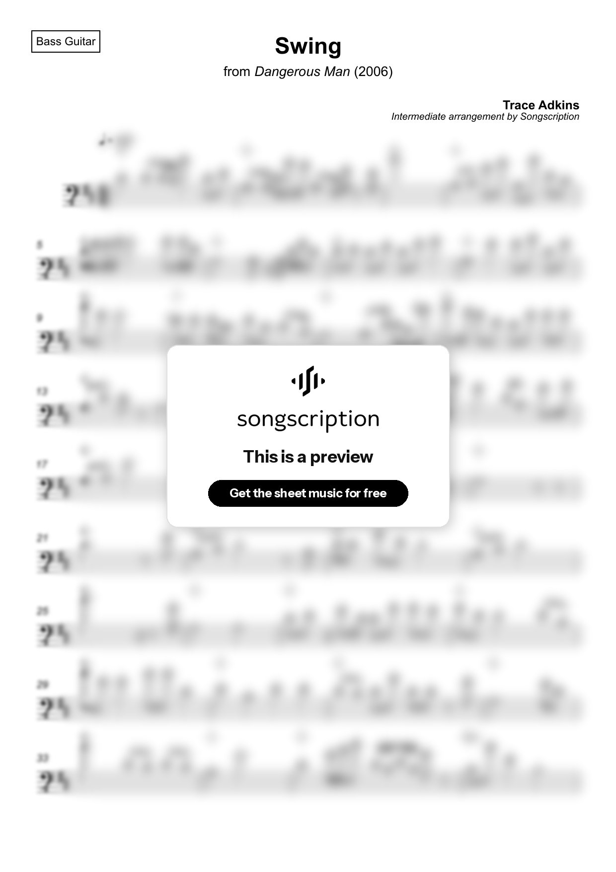 Intermediate Bass Guitar Sheet Music for "Swing" by Trace Adkins