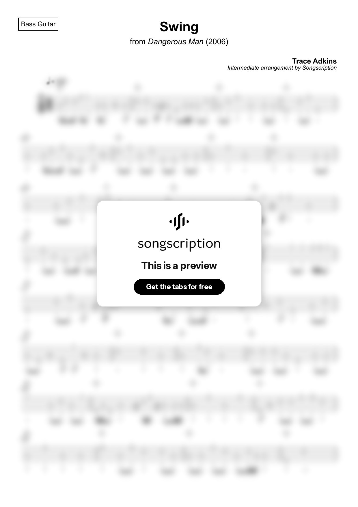 Intermediate Bass Guitar Tabs for "Swing" by Trace Adkins