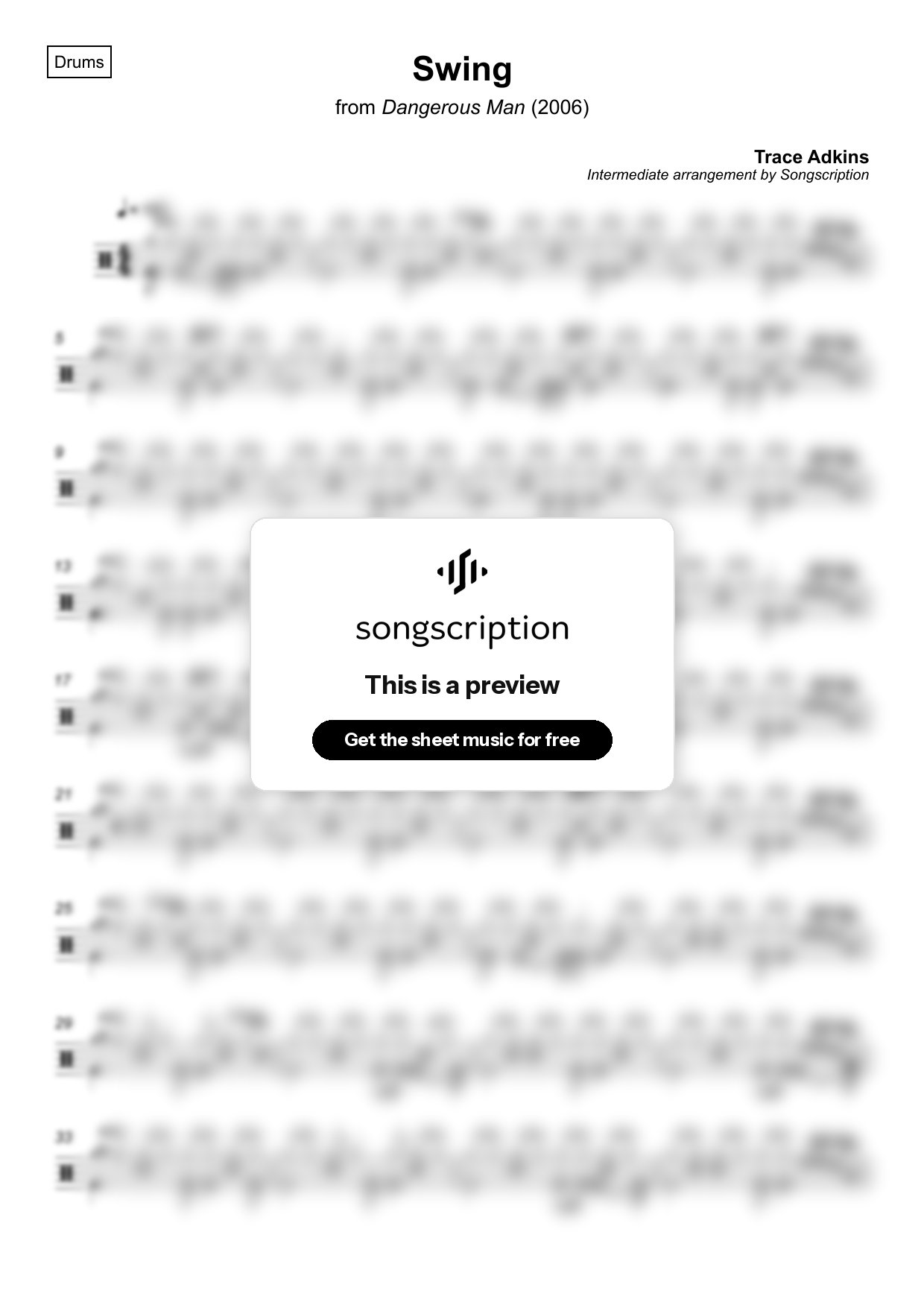 Intermediate Drums Sheet Music for "Swing" by Trace Adkins