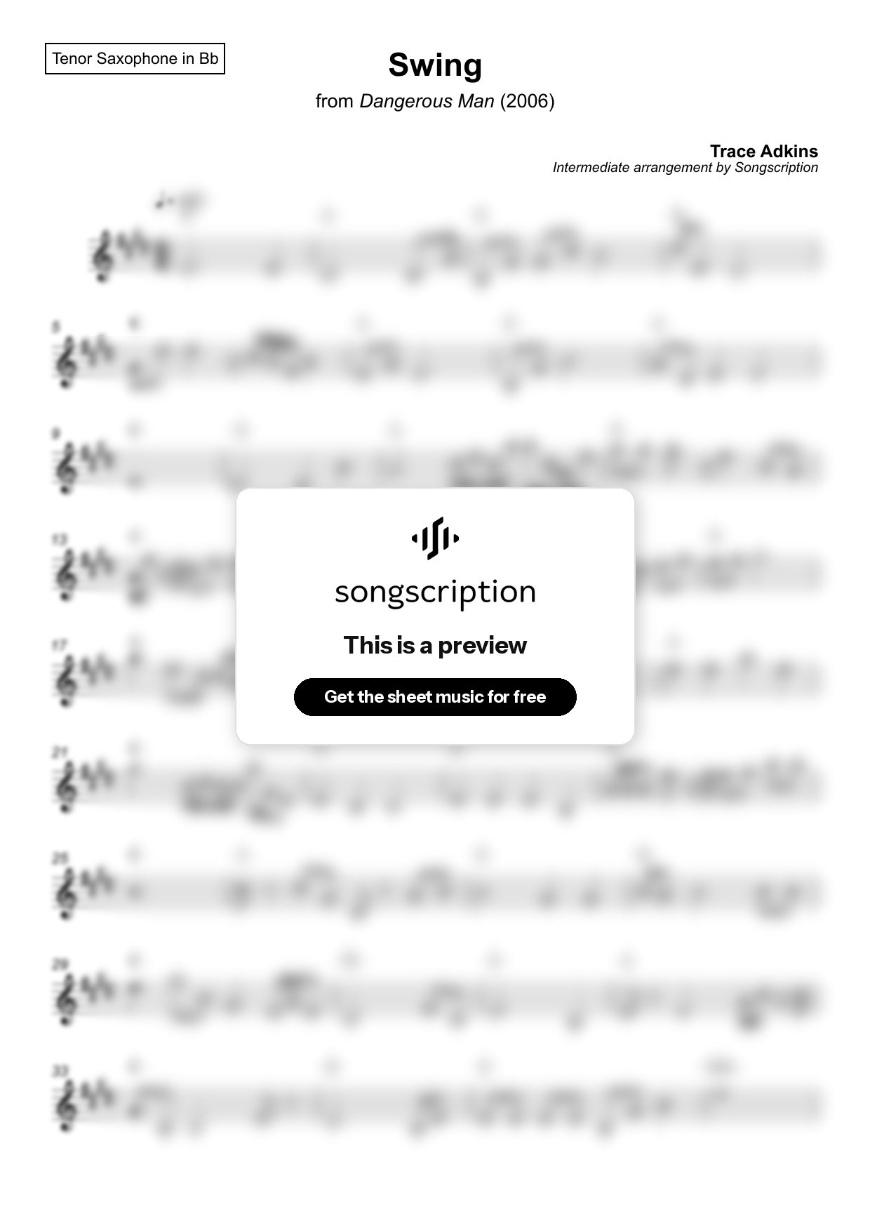 Intermediate Tenor Sax Sheet Music for "Swing" by Trace Adkins