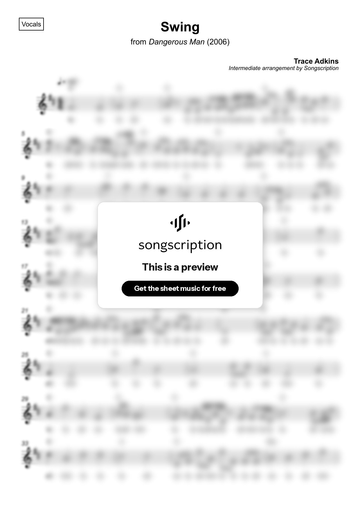 Intermediate Vocals Sheet Music for "Swing" by Trace Adkins