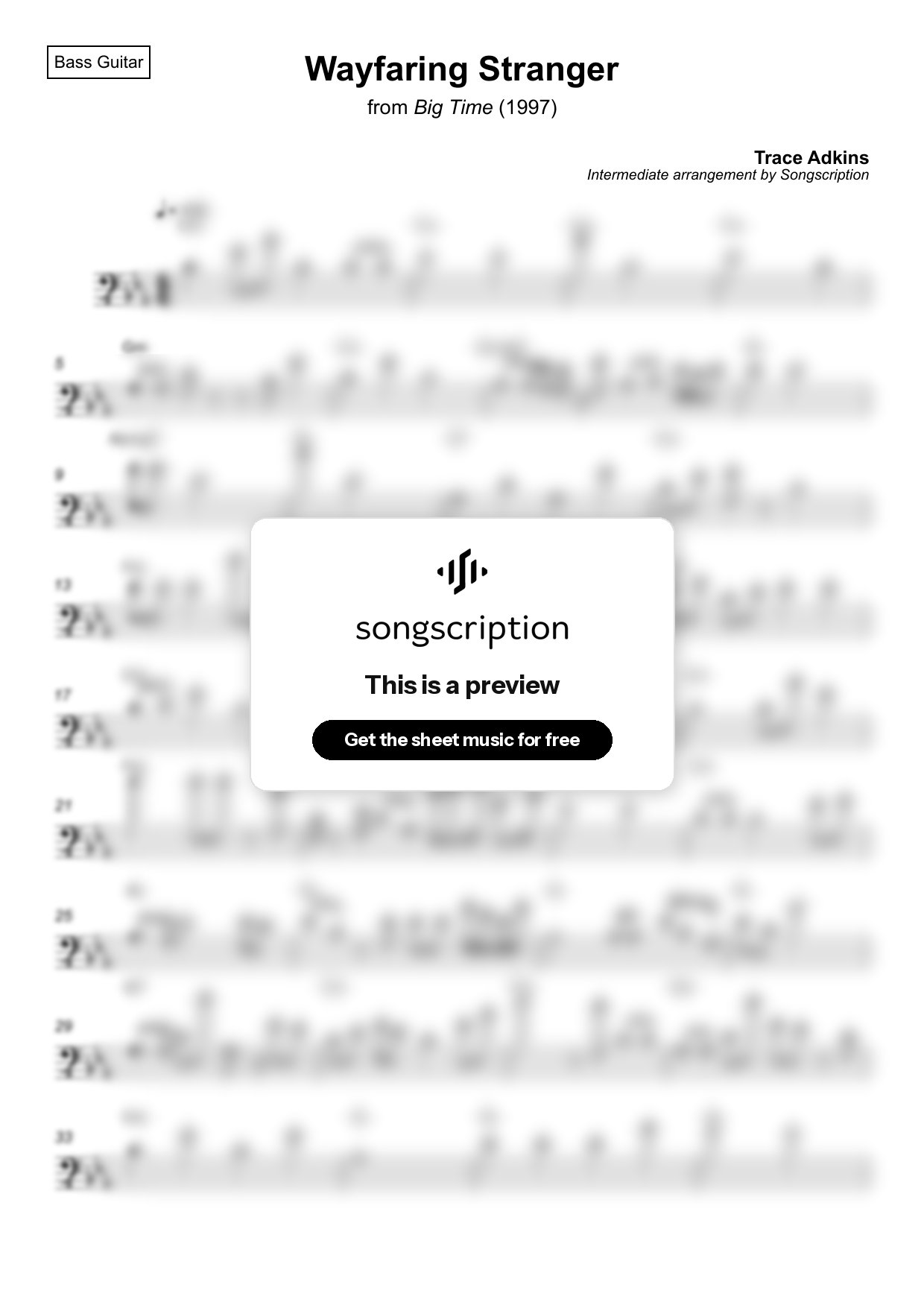Intermediate Bass Guitar Sheet Music for "Wayfaring Stranger" by Trace Adkins