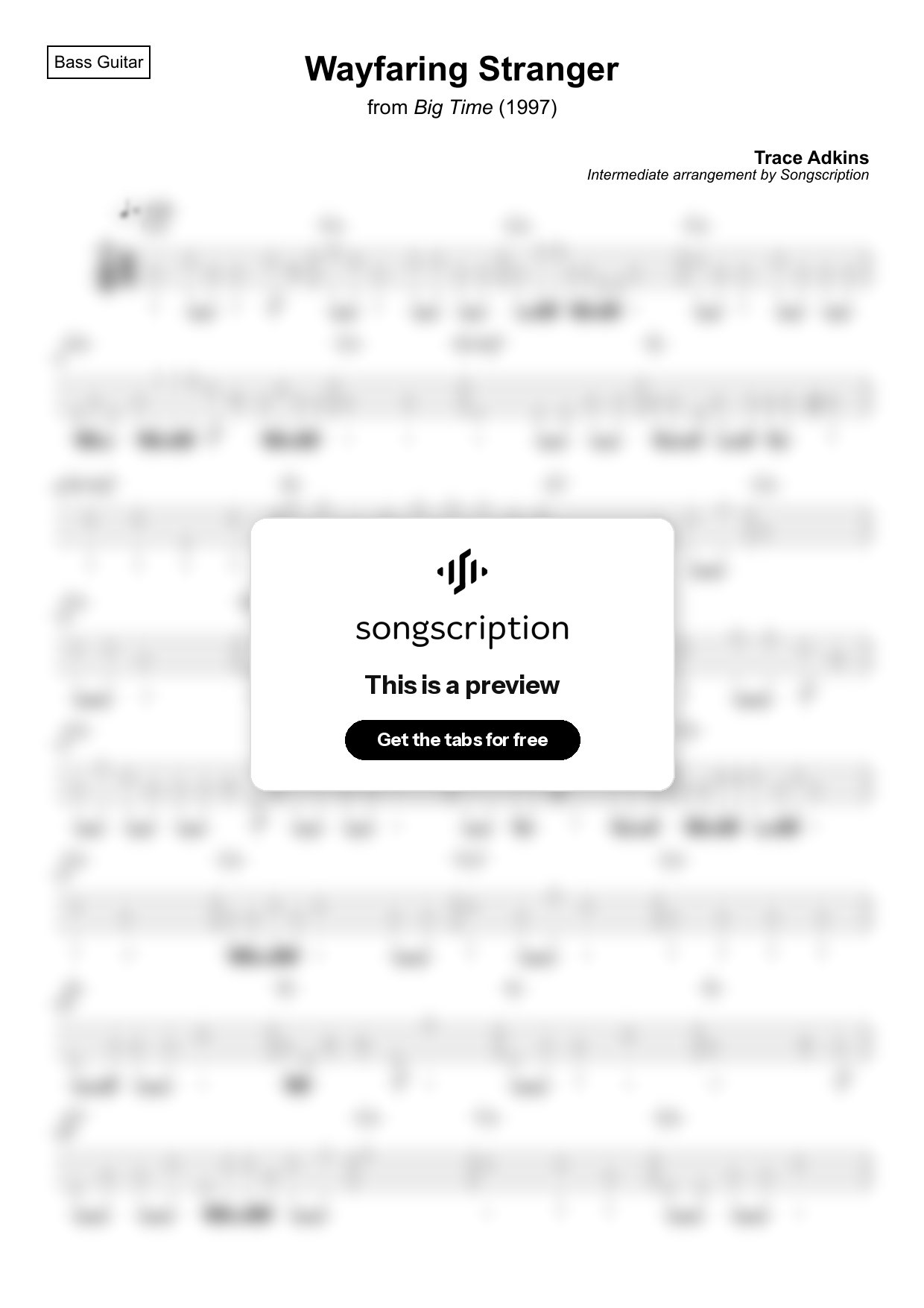 Intermediate Bass Guitar Tabs for "Wayfaring Stranger" by Trace Adkins