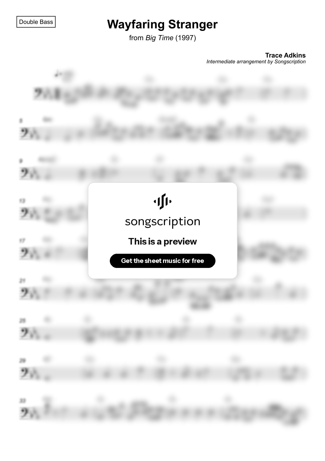 Intermediate Double Bass Sheet Music for "Wayfaring Stranger" by Trace Adkins