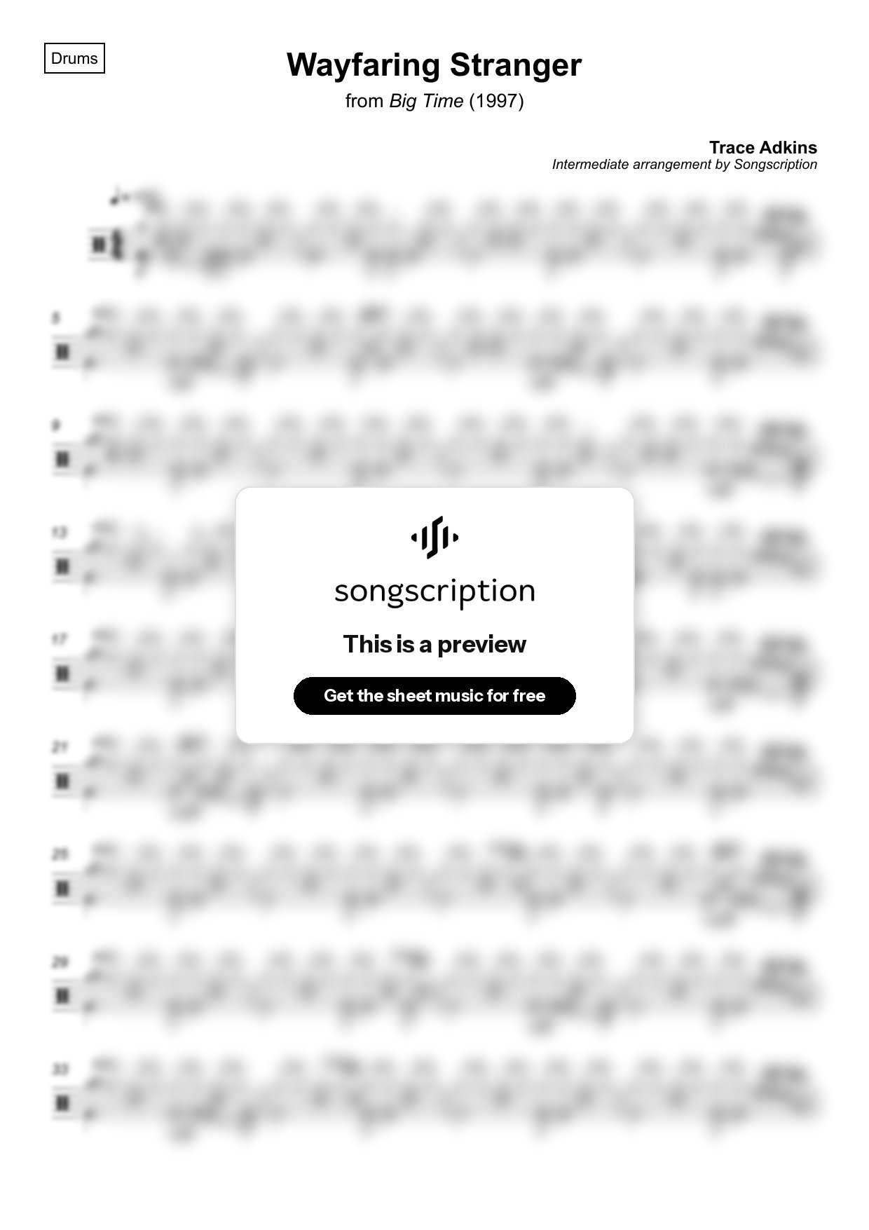Intermediate Drums Sheet Music for "Wayfaring Stranger" by Trace Adkins
