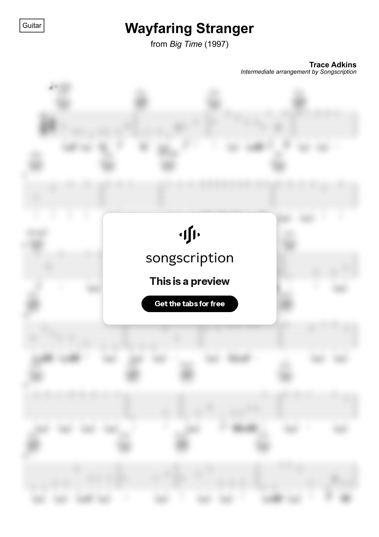 Intermediate Acoustic Guitar Tabs for "Wayfaring Stranger" by Trace Adkins
