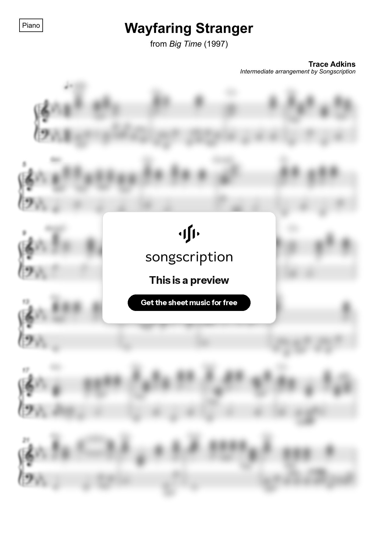 Intermediate Piano Sheet Music for "Wayfaring Stranger" by Trace Adkins
