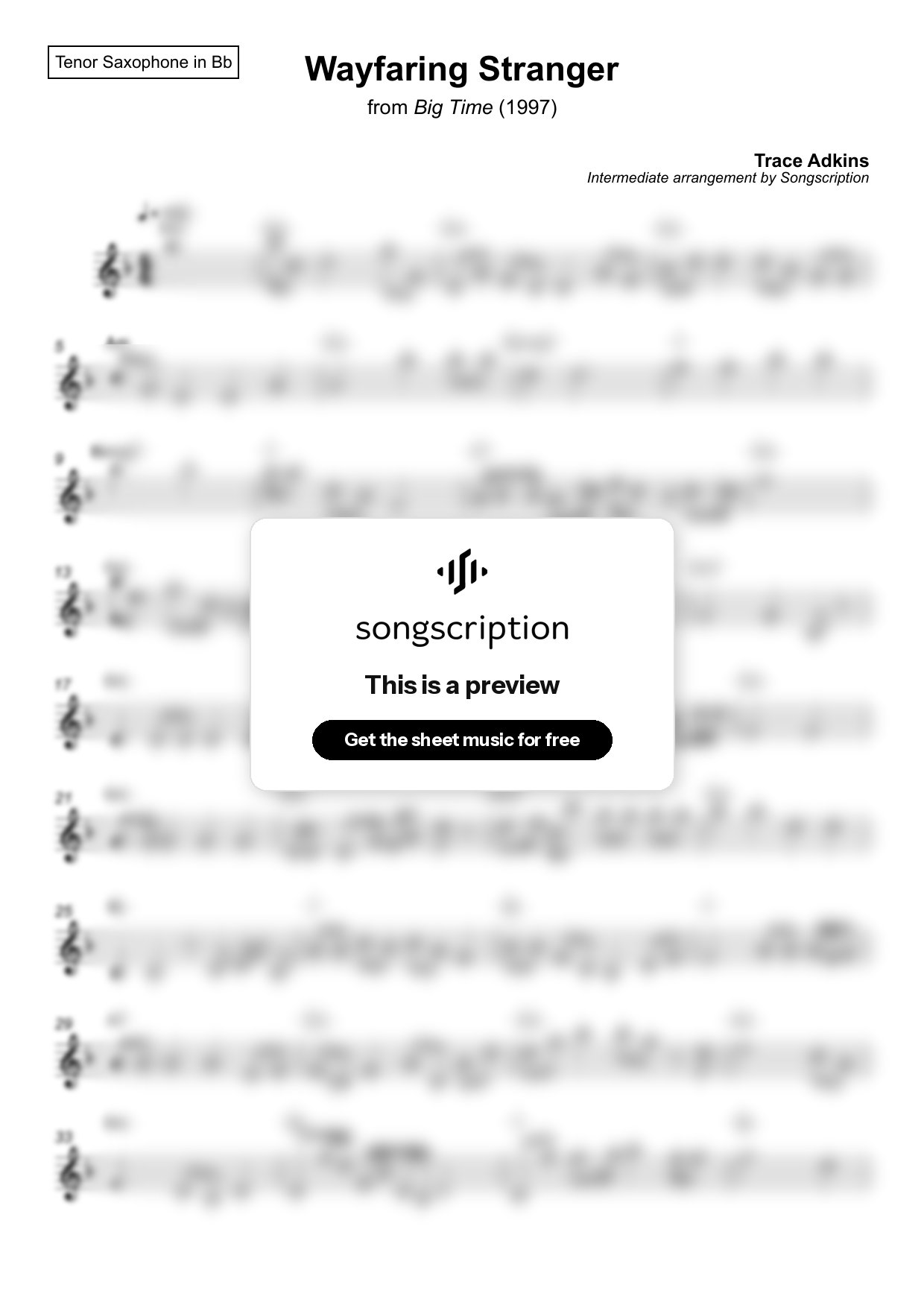 Intermediate Tenor Sax Sheet Music for "Wayfaring Stranger" by Trace Adkins