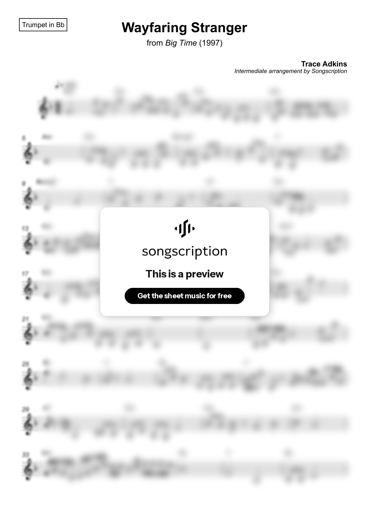Intermediate Trumpet Sheet Music for "Wayfaring Stranger" by Trace Adkins