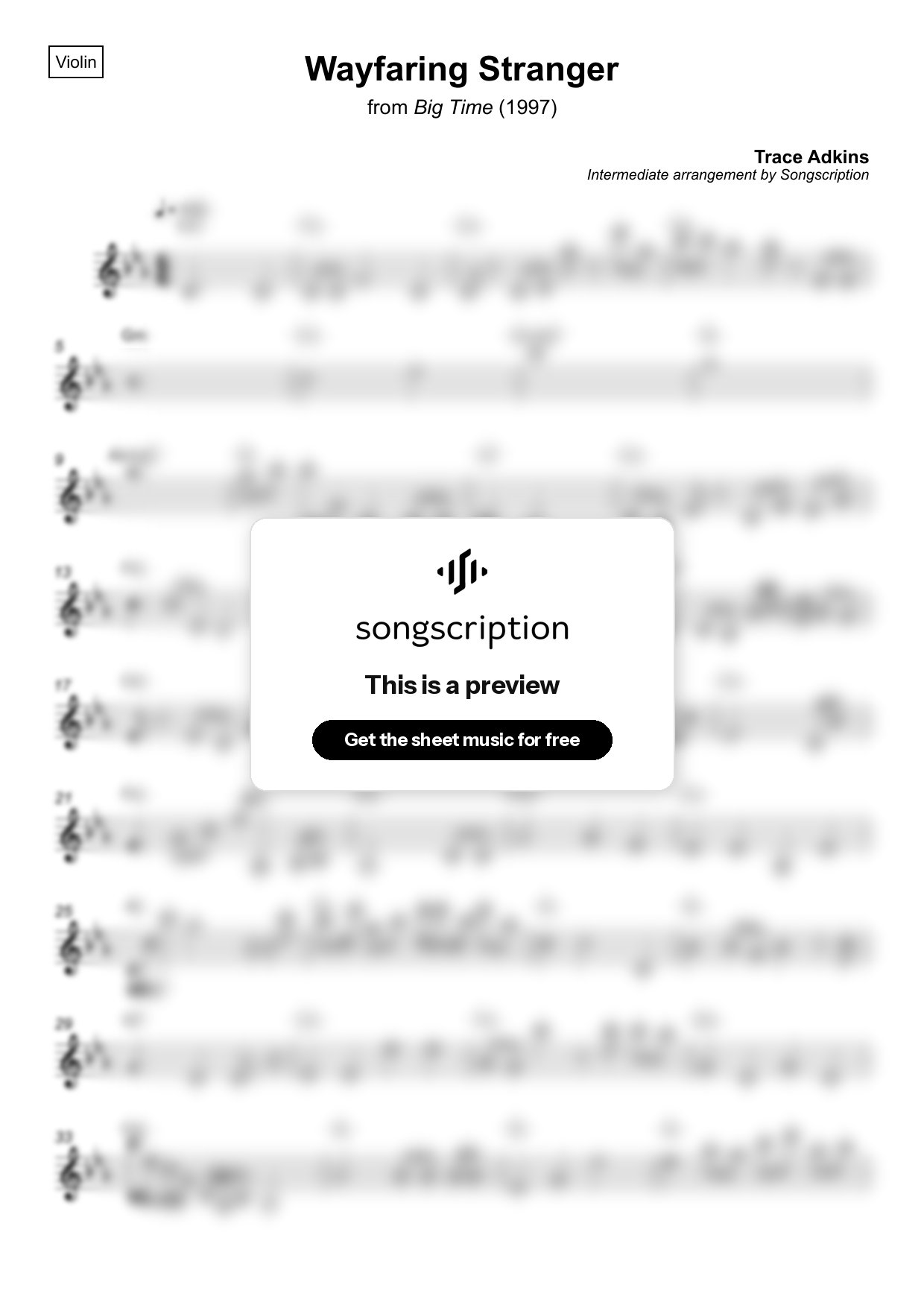 Intermediate Violin Sheet Music for "Wayfaring Stranger" by Trace Adkins