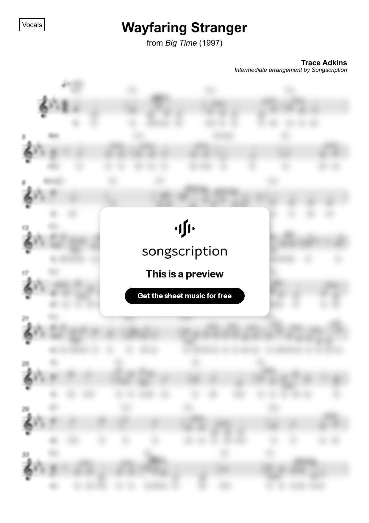 Intermediate Vocals Sheet Music for "Wayfaring Stranger" by Trace Adkins