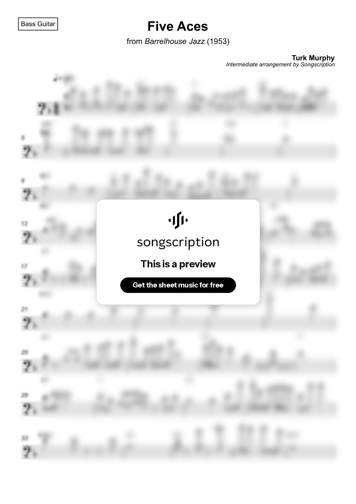 Intermediate Bass Guitar Sheet Music for "Five Aces" by Turk Murphy