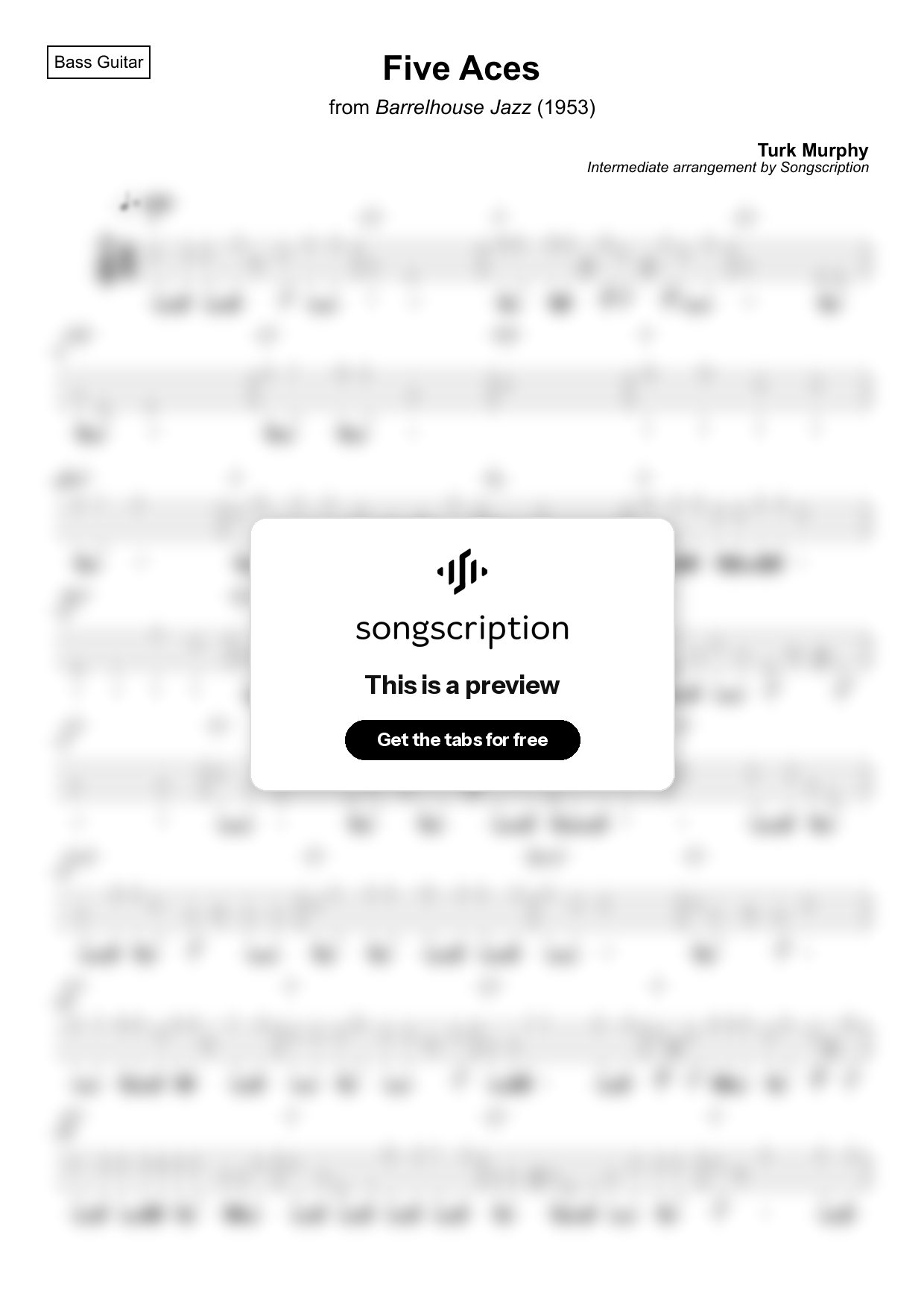 Intermediate Bass Guitar Tabs for "Five Aces" by Turk Murphy