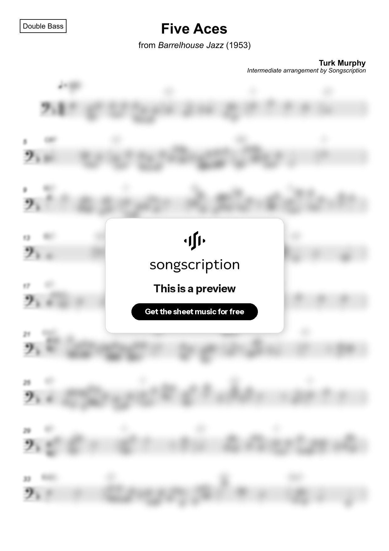 Intermediate Double Bass Sheet Music for "Five Aces" by Turk Murphy