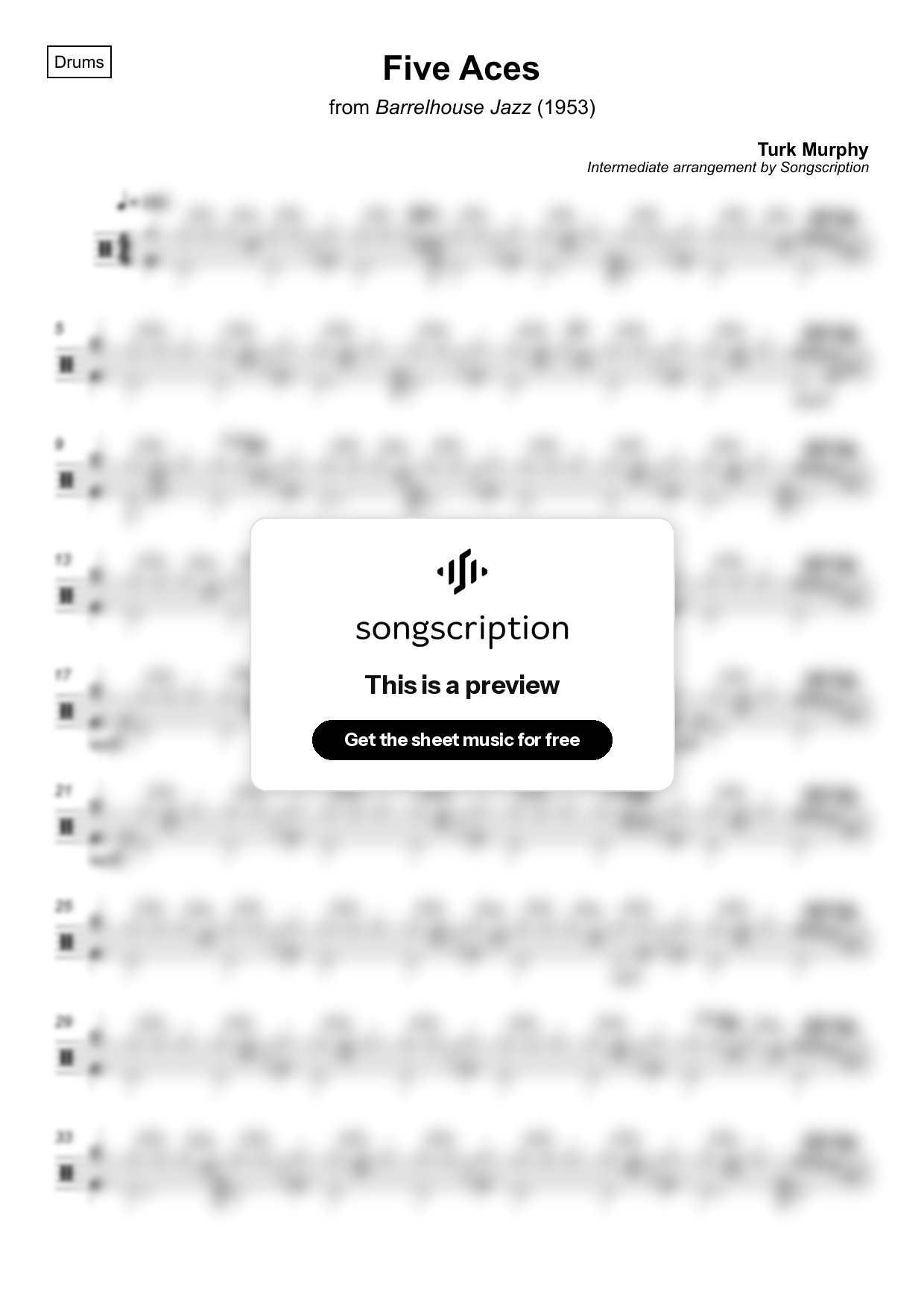 Intermediate Drums Sheet Music for "Five Aces" by Turk Murphy